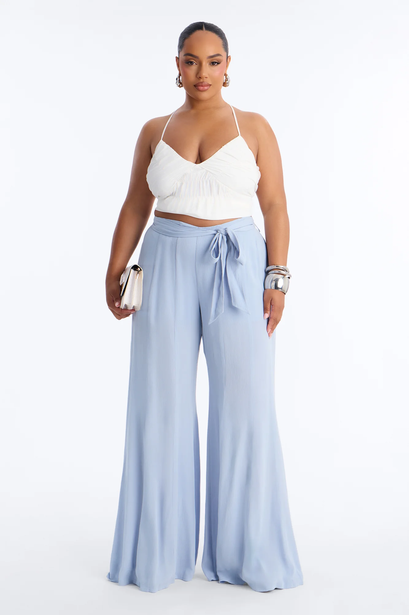 Kelsey Mid Rise Tie Waist Flowy Wide Leg Pant 34″ - Light Blue - Image 4