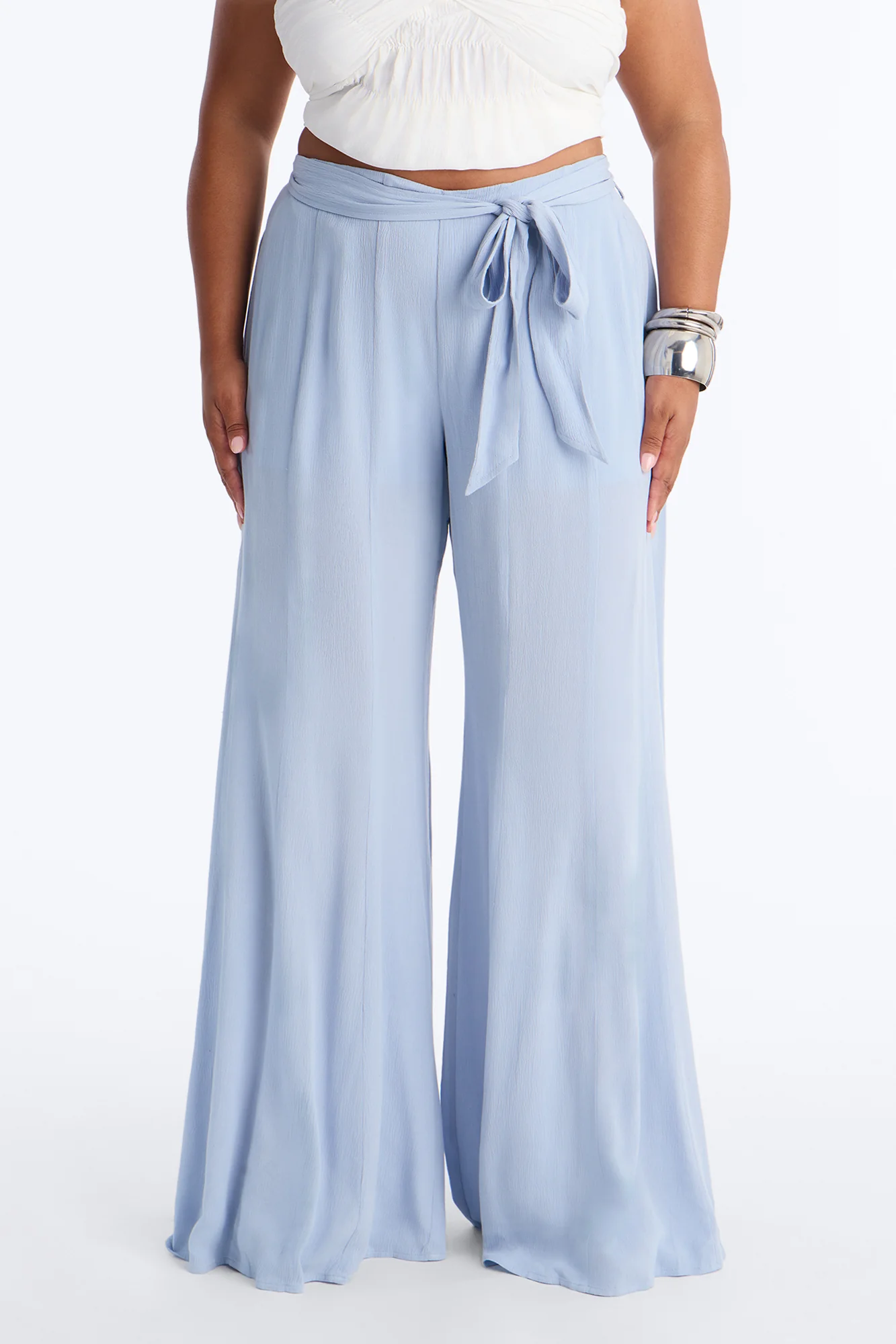 Kelsey Mid Rise Tie Waist Flowy Wide Leg Pant 34″ - Light Blue - Image 5