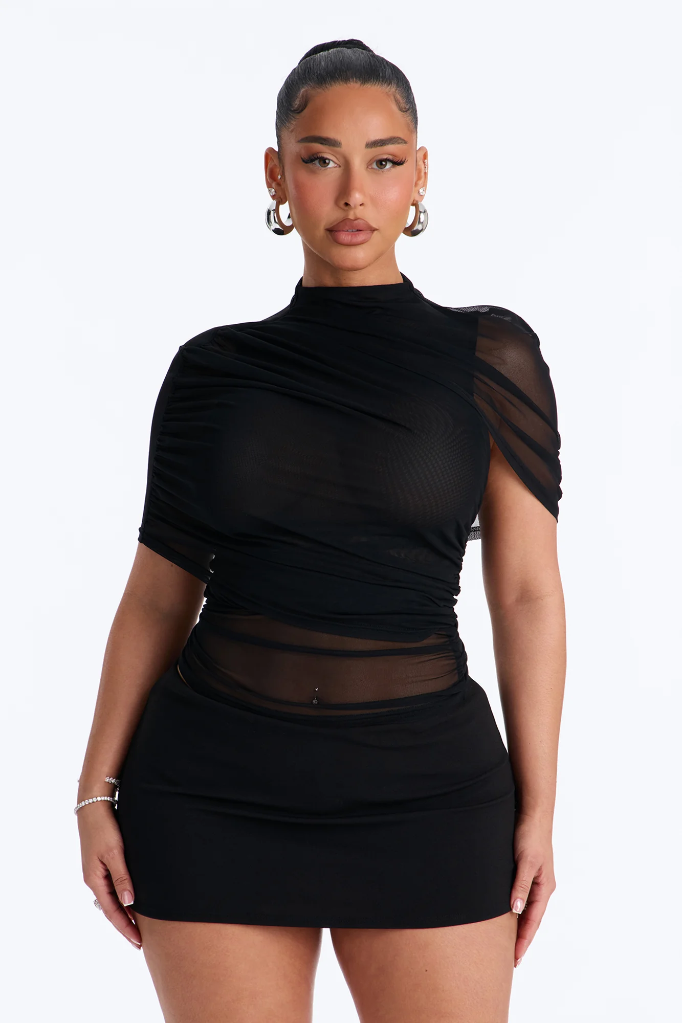 Kendall Mesh Mock Neck Short Sleeve Top - Black