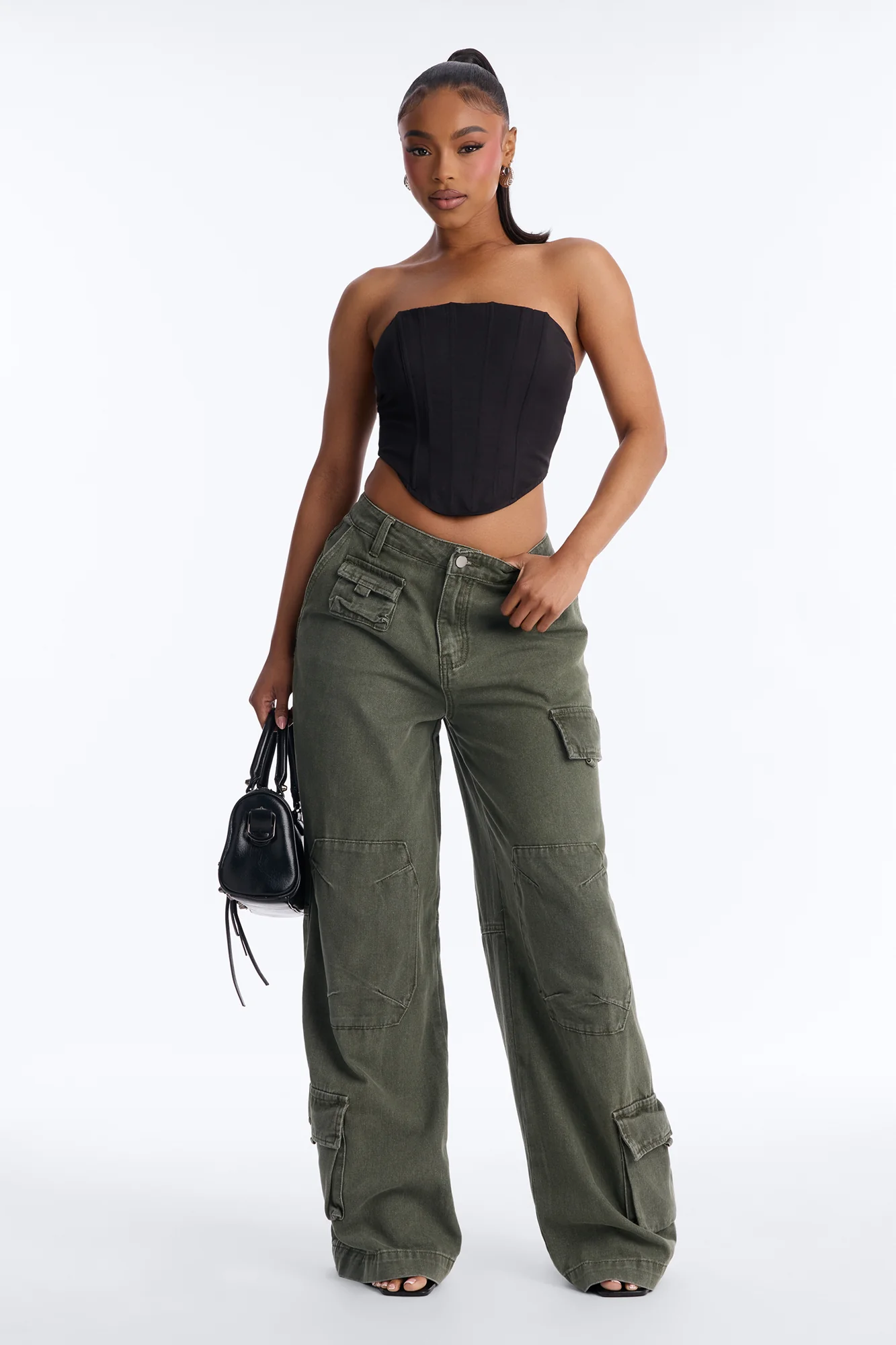 Kendra High Rise Wide Leg Cargo Pant - Olive - Image 2