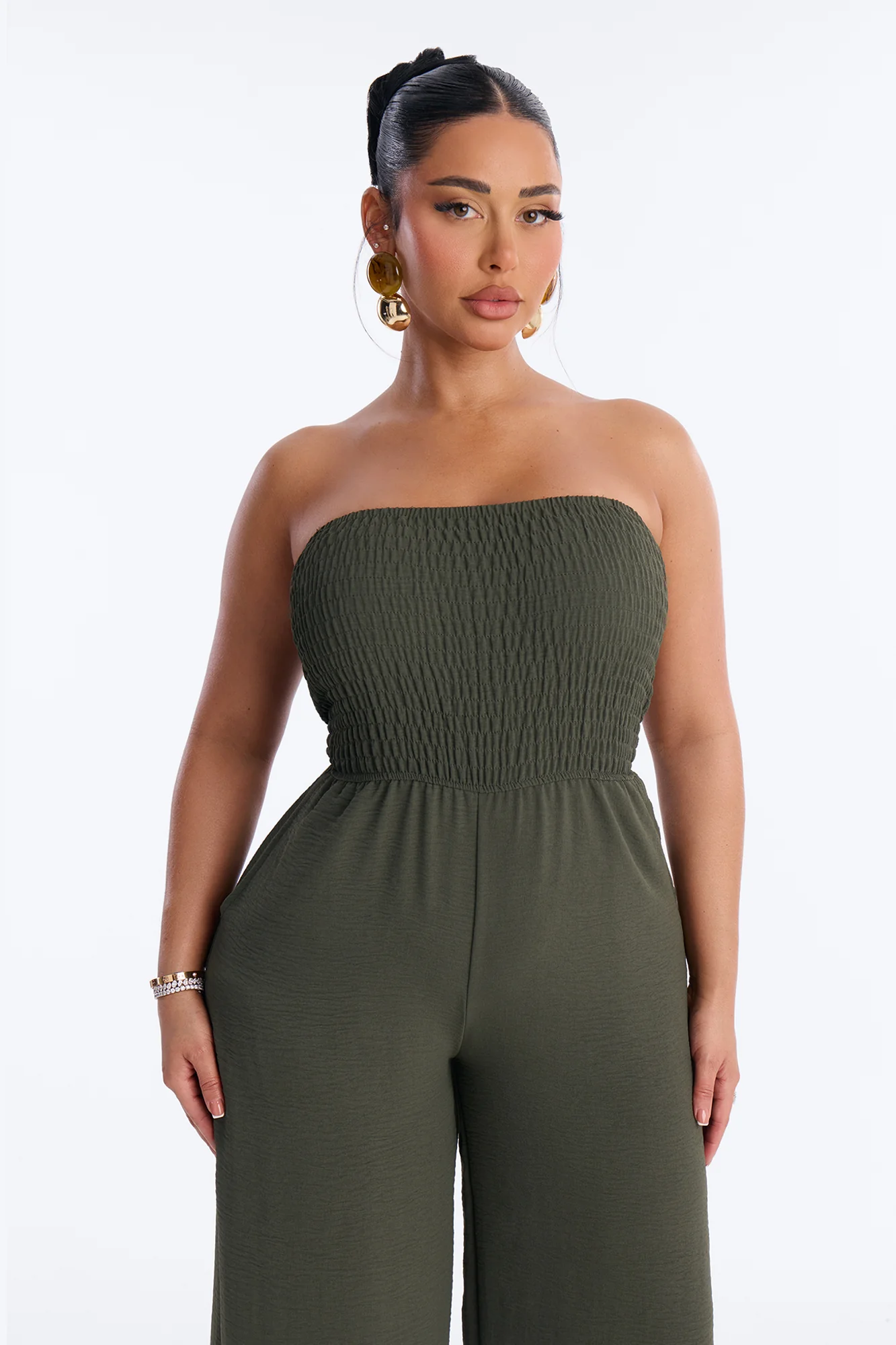 Kenna Smocked Strapless Jumpsuit - Olive - Image 2
