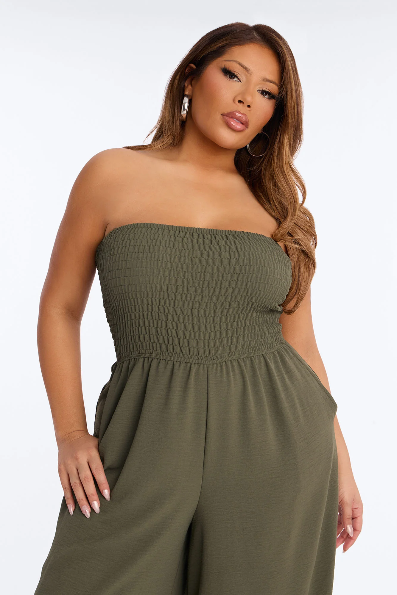 Kenna Smocked Strapless Jumpsuit - Olive - Image 6