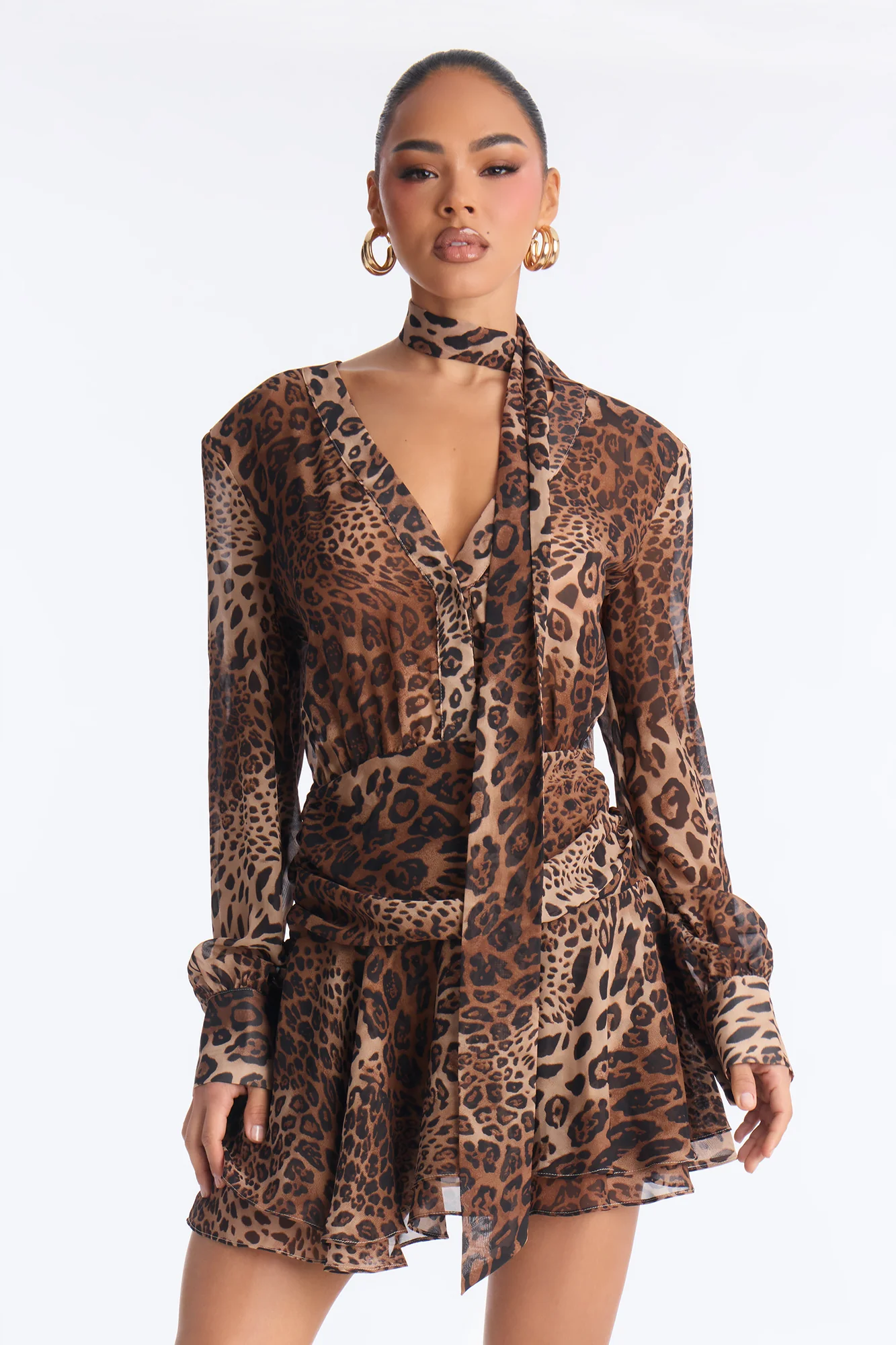 Kerra Long Sleeve Chiffon Mini Dress - Leopard - Image 3