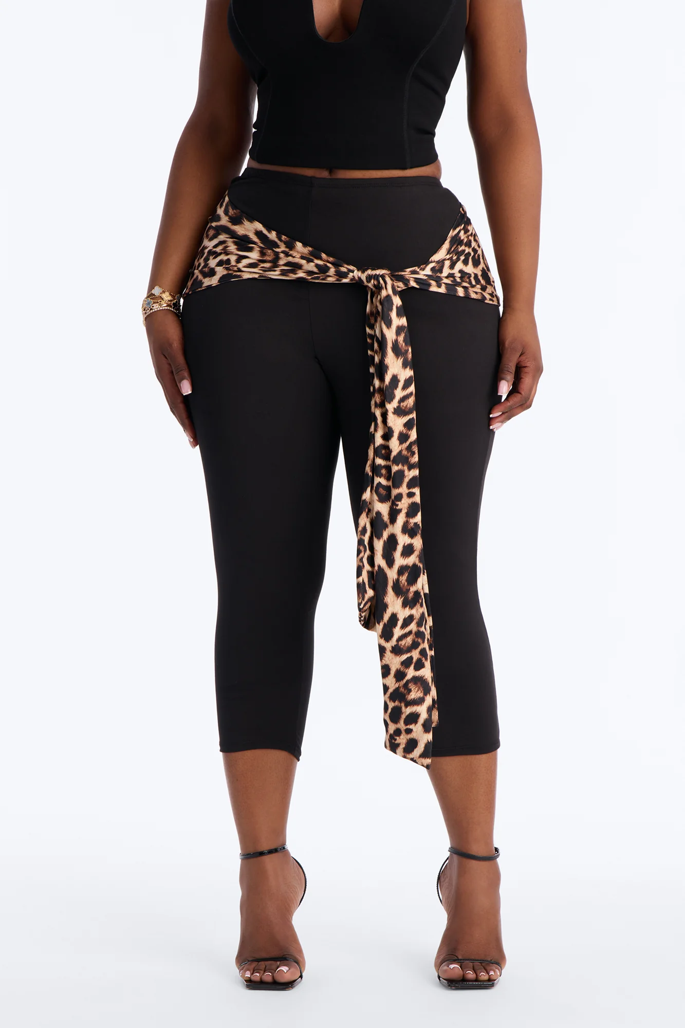 Kiah Low Rise Leopard Tie Waist Capri Legging - Black/combo - Image 6