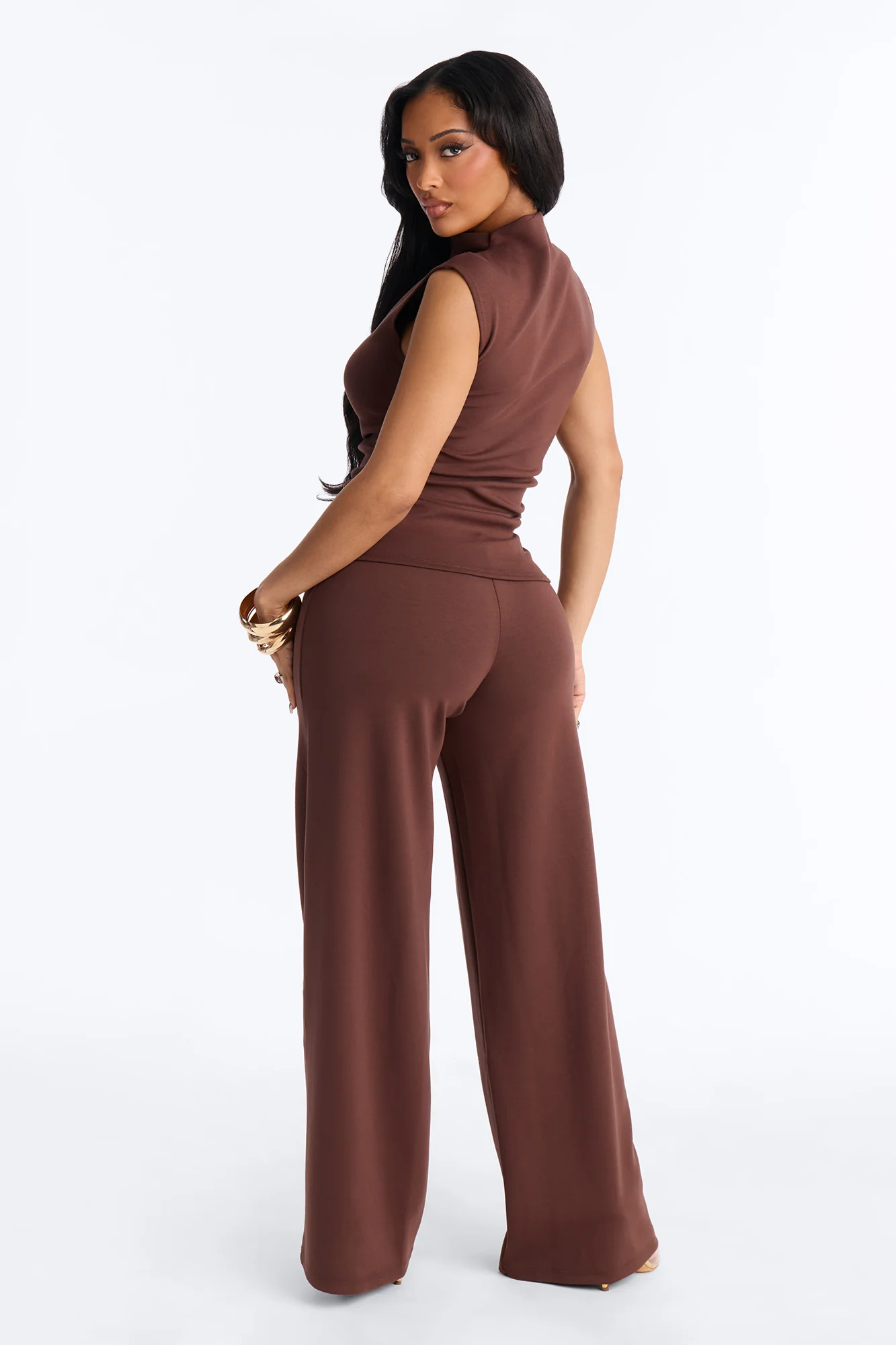 Kiana Sleeveless Mock Neck Pant Set - Chocolate - Image 3
