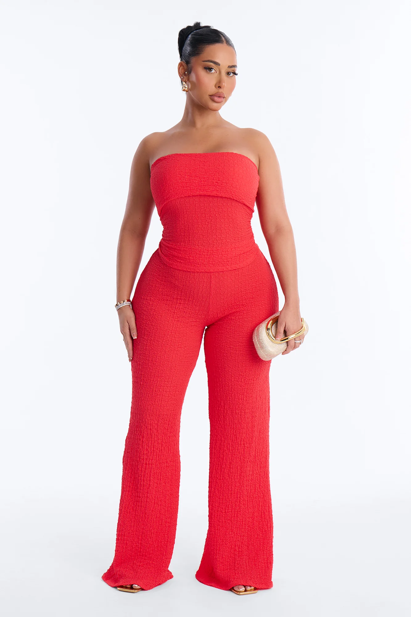 Kianna Textured Strapless Pant Set - Tangerine
