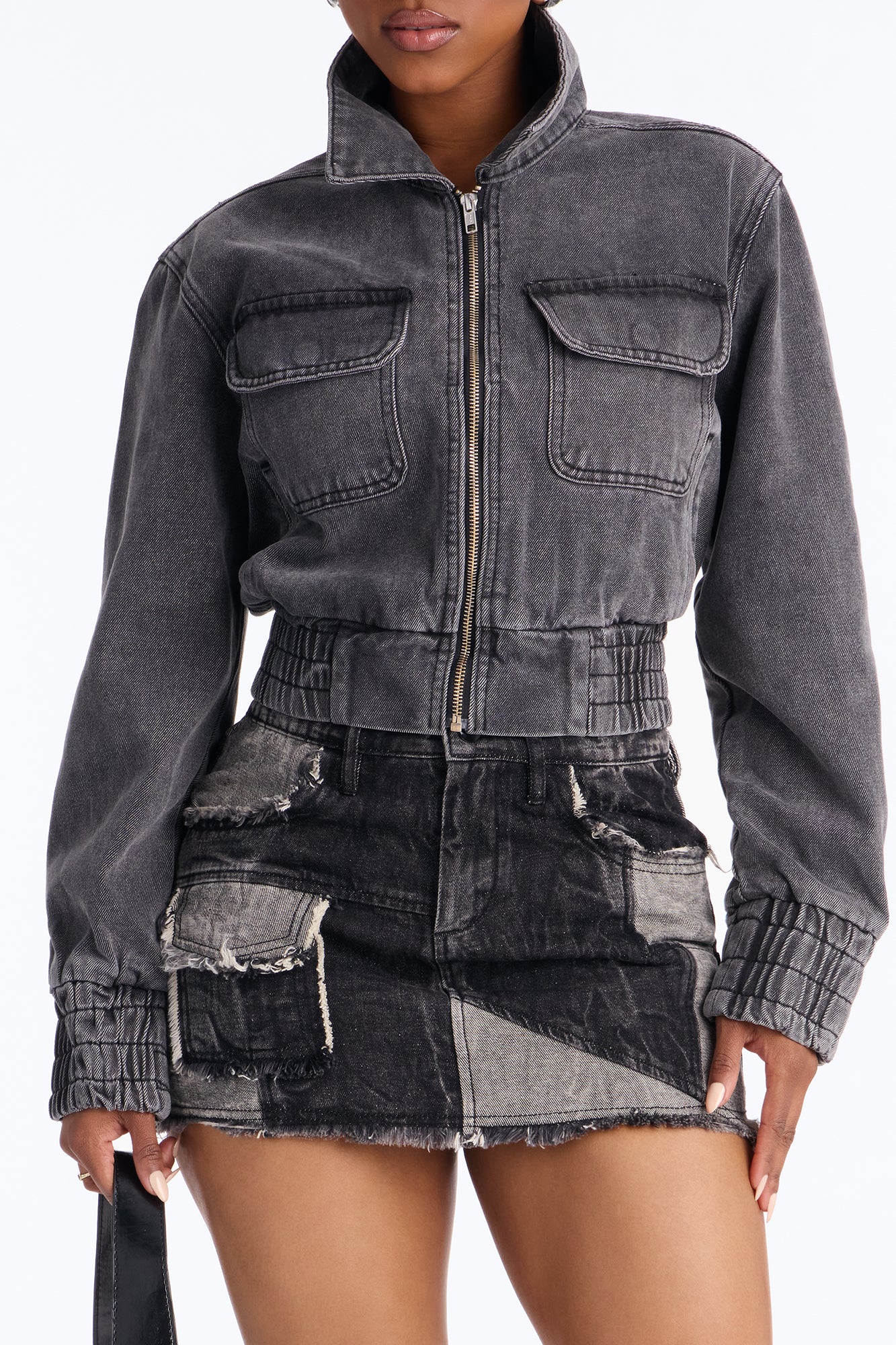 Kick-Start Moto Bomber Denim Jacket - Grey - Image 3