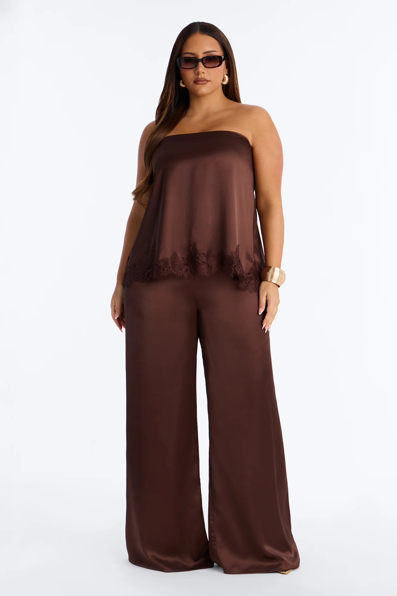 Kierra Satin Strapless Wide Leg Jumpsuit - Chocolate - Image 5