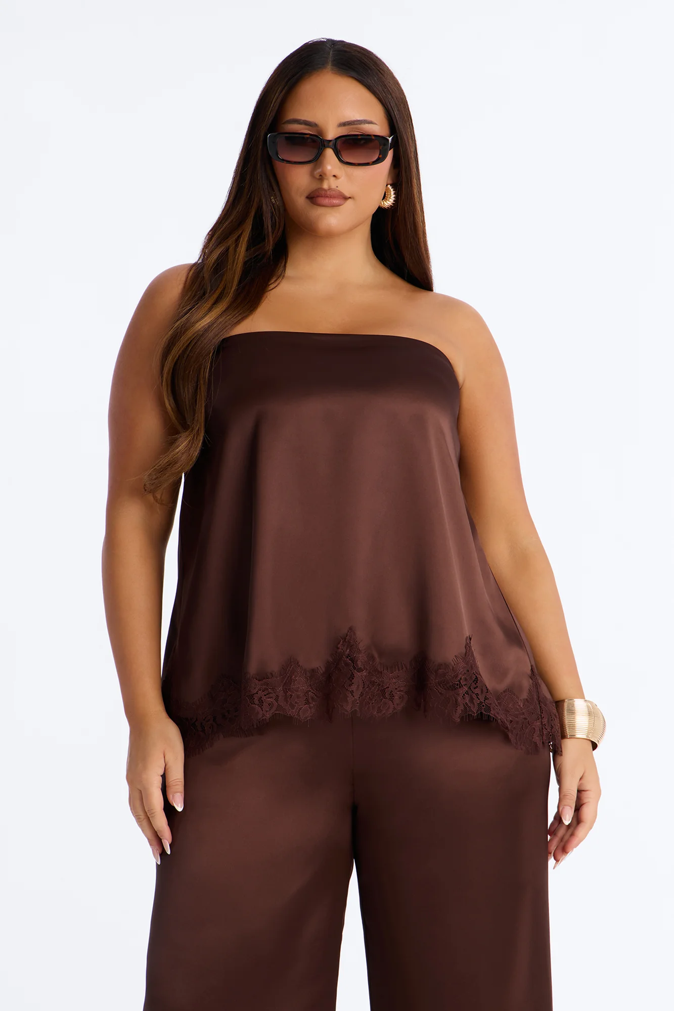 Kierra Satin Strapless Wide Leg Jumpsuit - Chocolate - Image 6