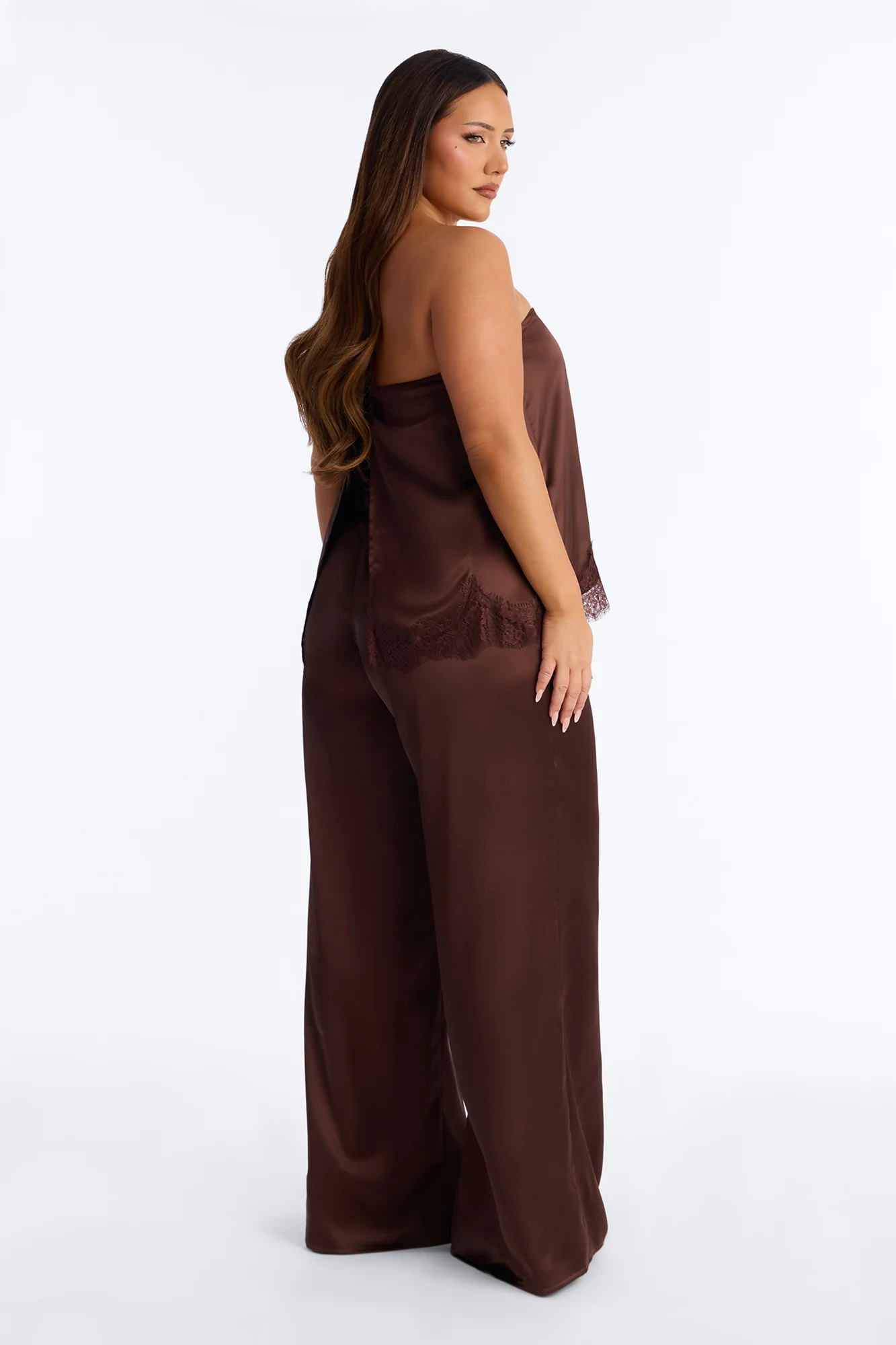 Kierra Satin Strapless Wide Leg Jumpsuit - Chocolate - Image 8