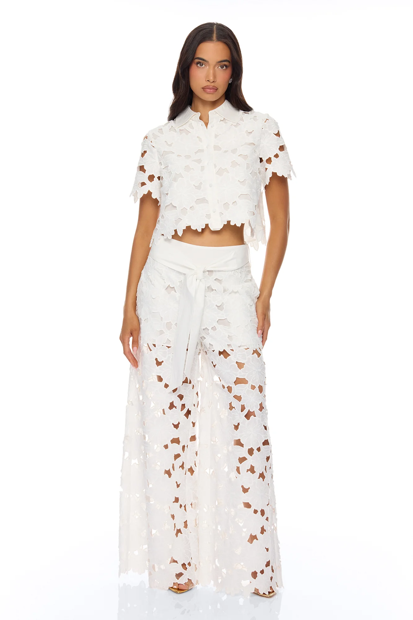 Kierra Wide Leg Embroidered Pant - White