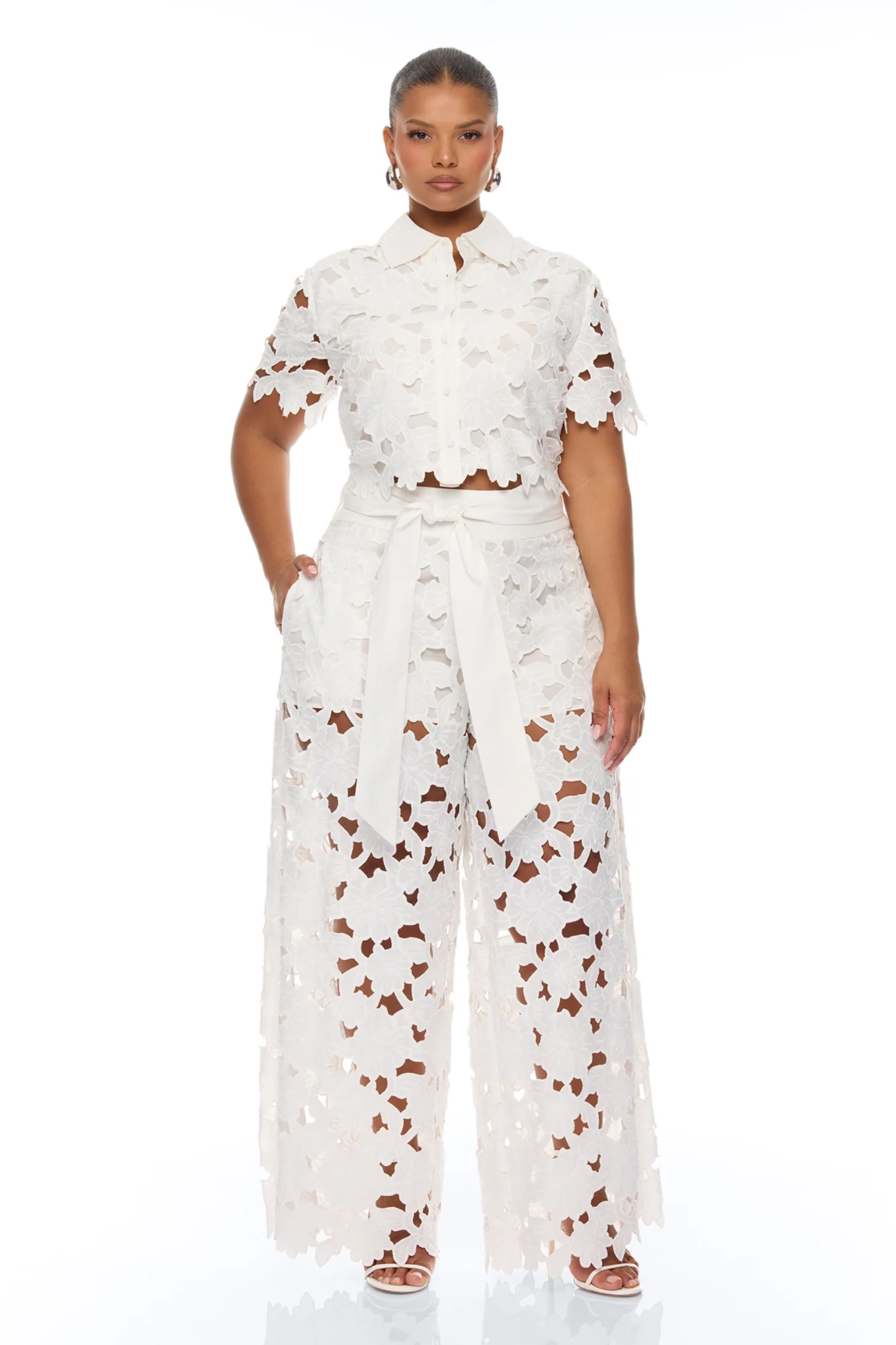 Kierra Wide Leg Embroidered Pant - White - Image 5