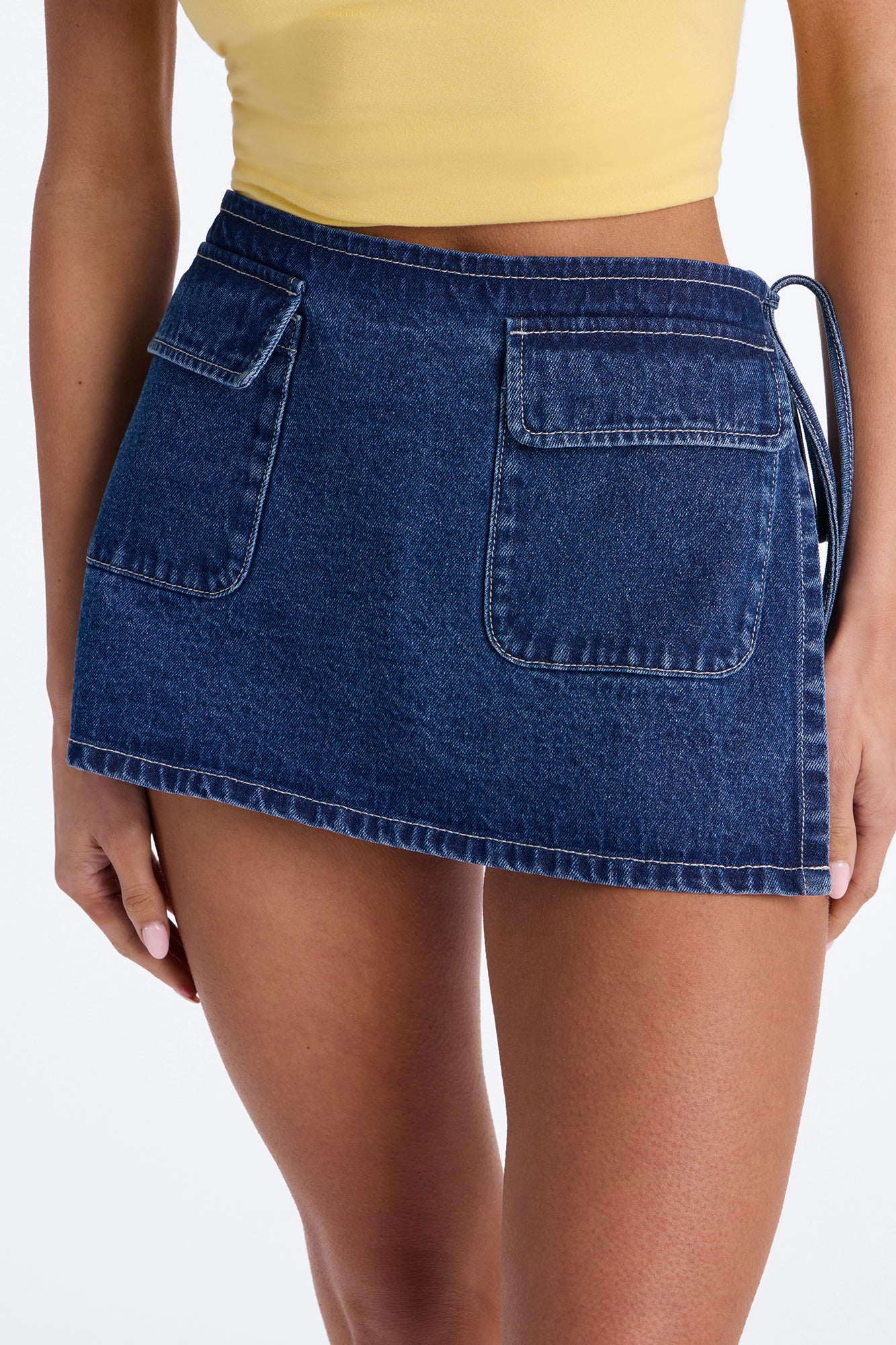Kimmie Wrap Denim Micro Mini Skort - Dark Wash - Image 3