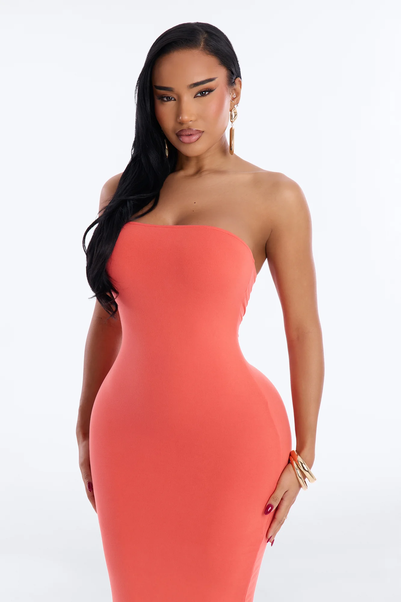 Kimmy Double Lined Strapless Midi Dress - Coral - Image 2