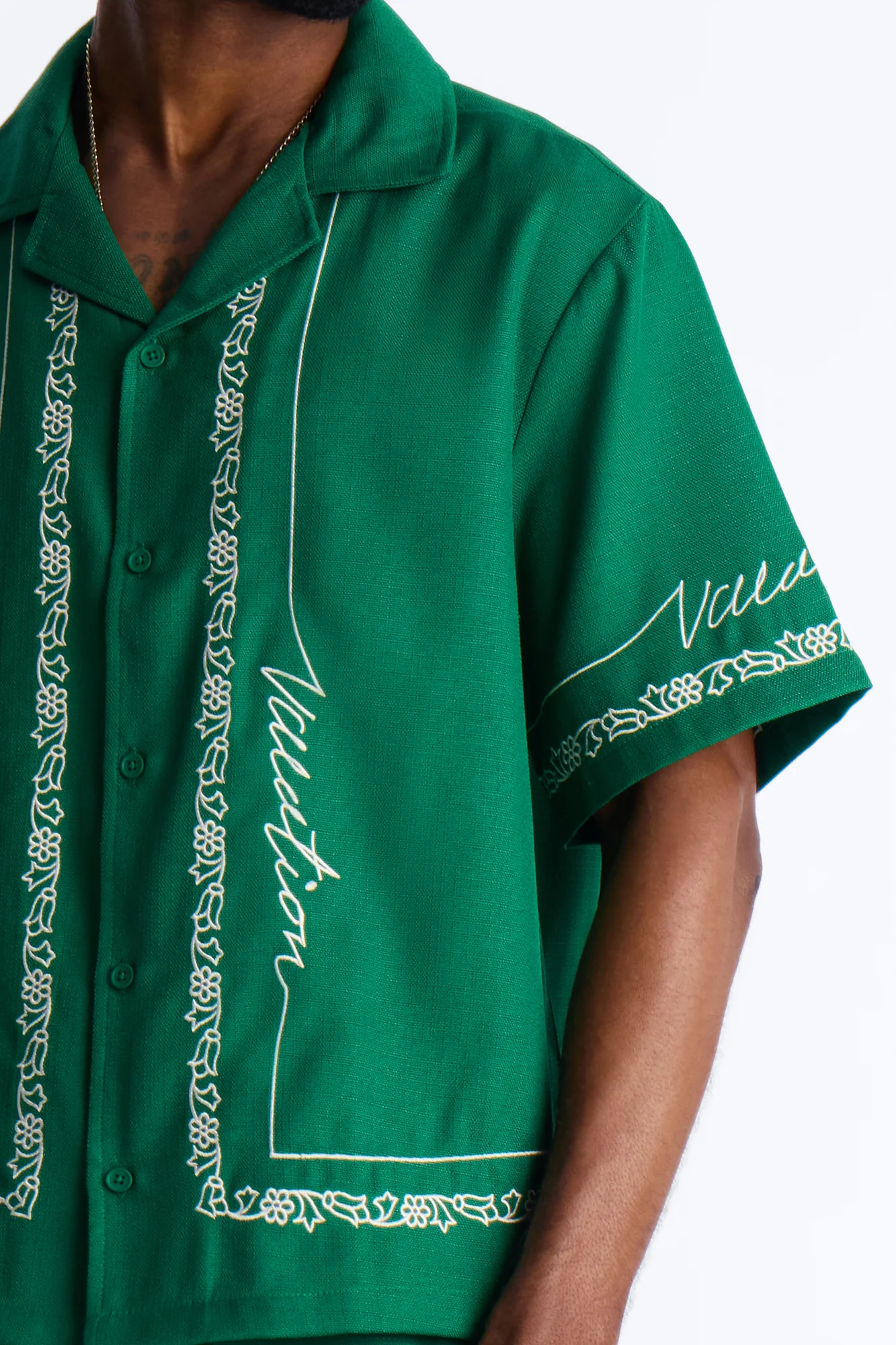 Kingston Embroidered Cuban Collar Button Up Shirt - Green - Image 3