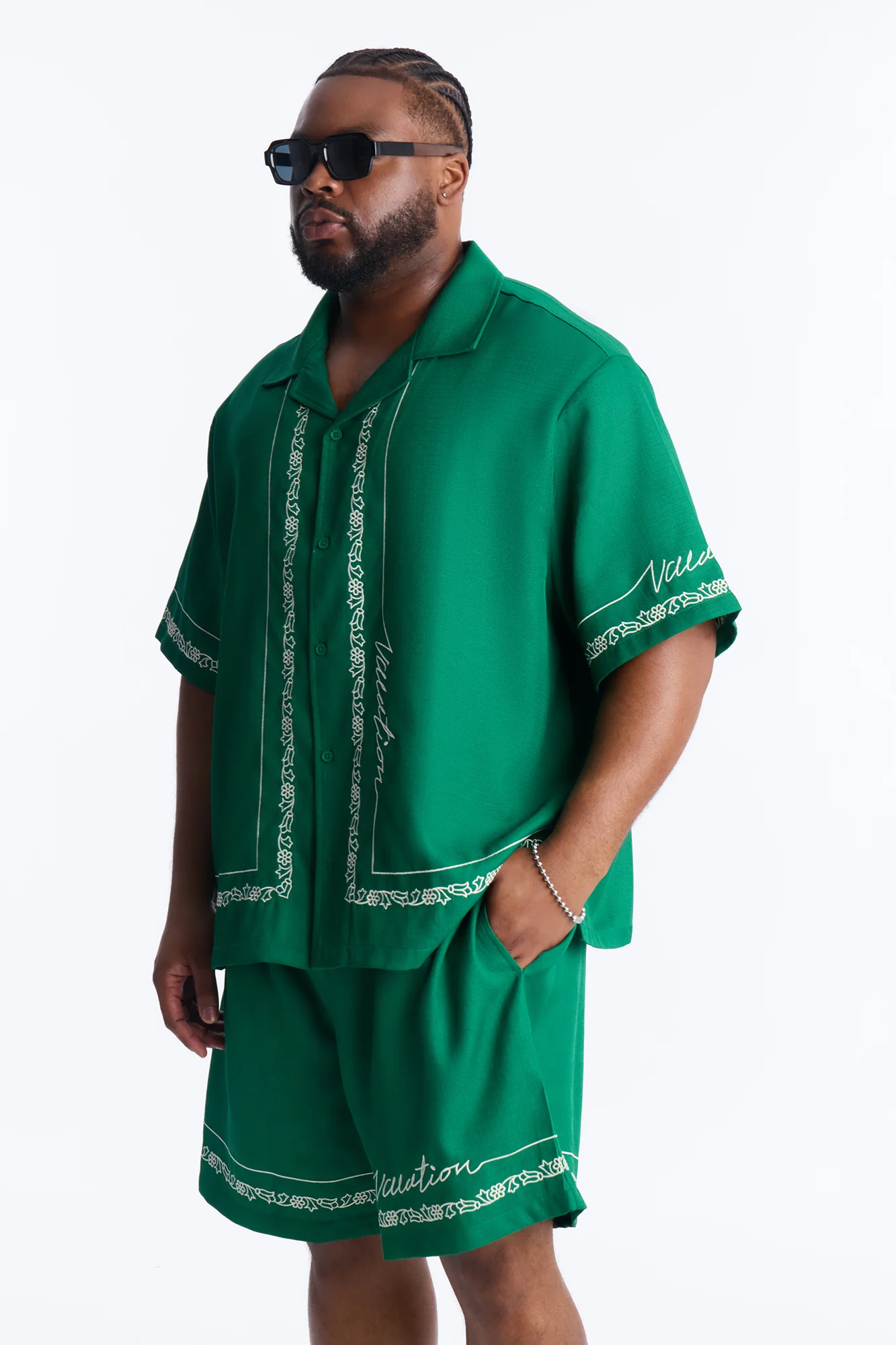 Kingston Embroidered Cuban Collar Button Up Shirt - Green - Image 5