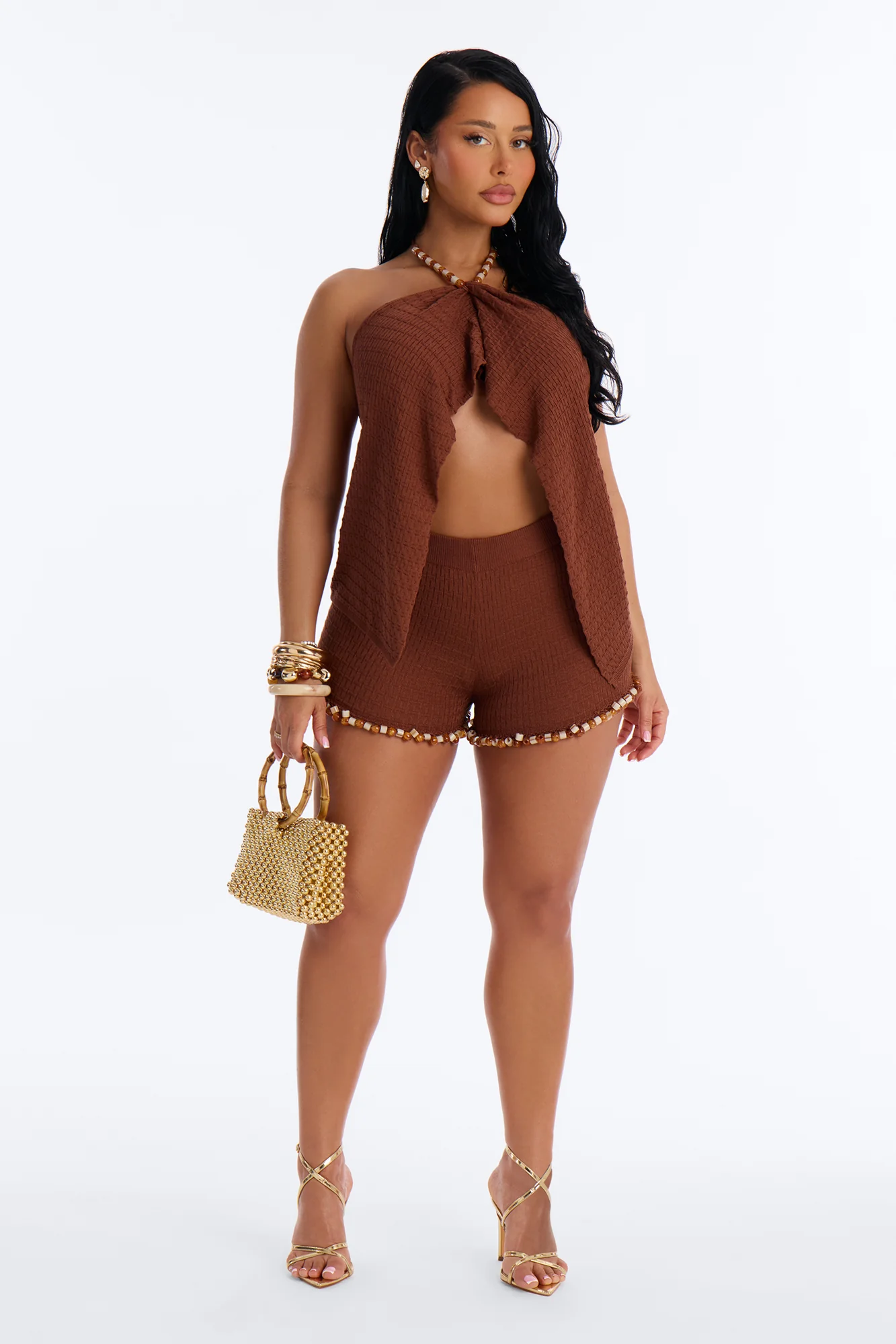 Kinsley Backless Beaded Short Set - Brown - Image 2