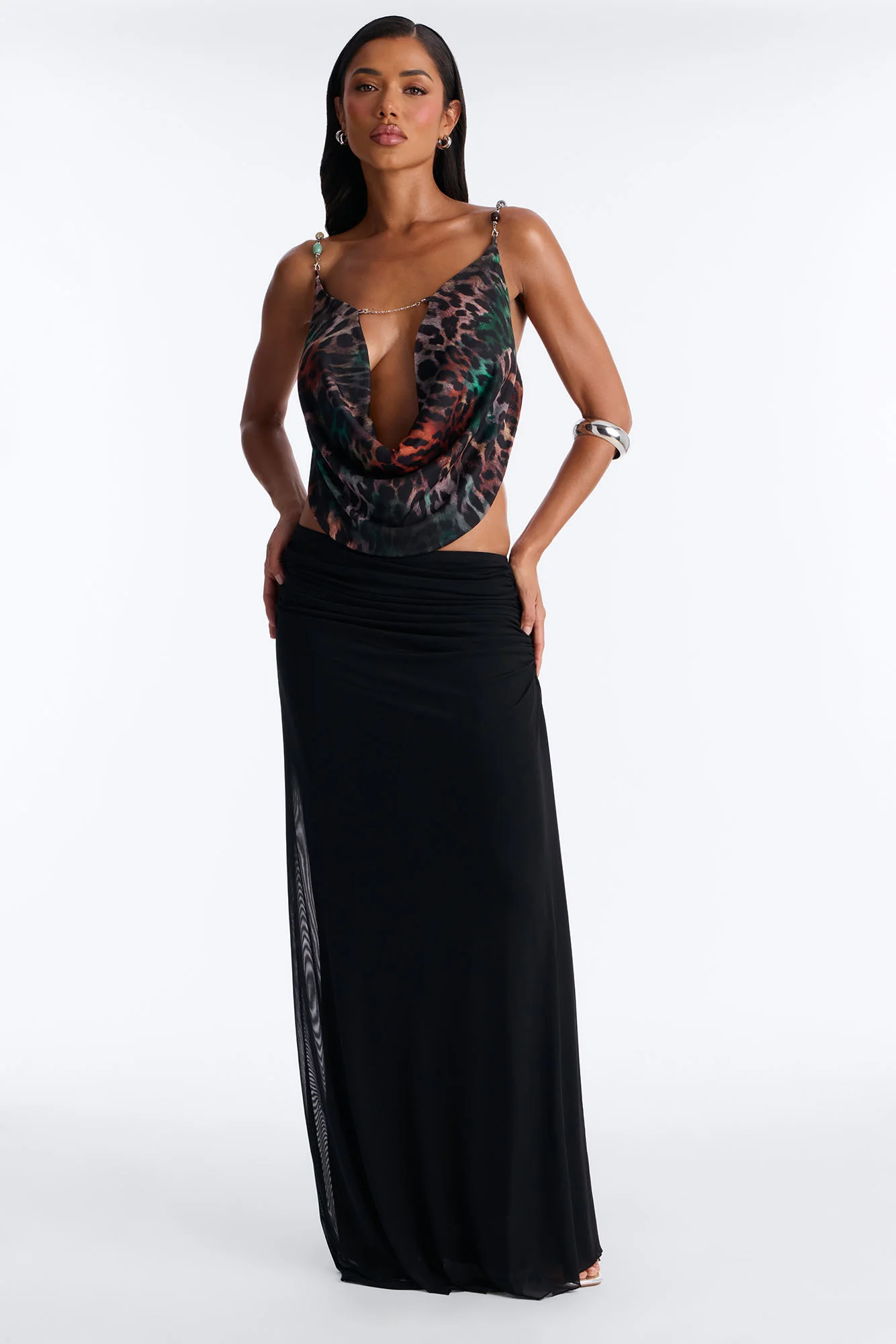 Kira Leopard Mesh Beaded Cowl Neck Top - Leopard - Image 3