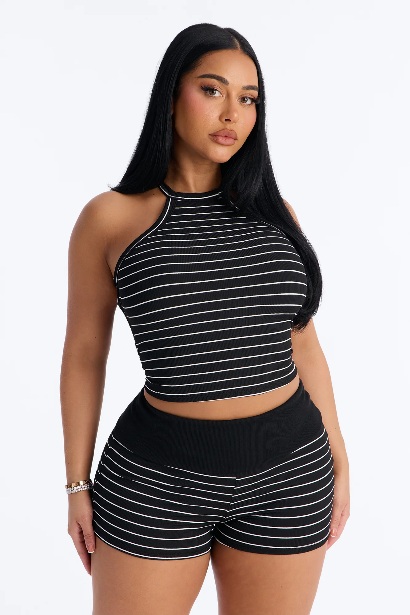 Kira Ribbed Stipe Short Set - Black