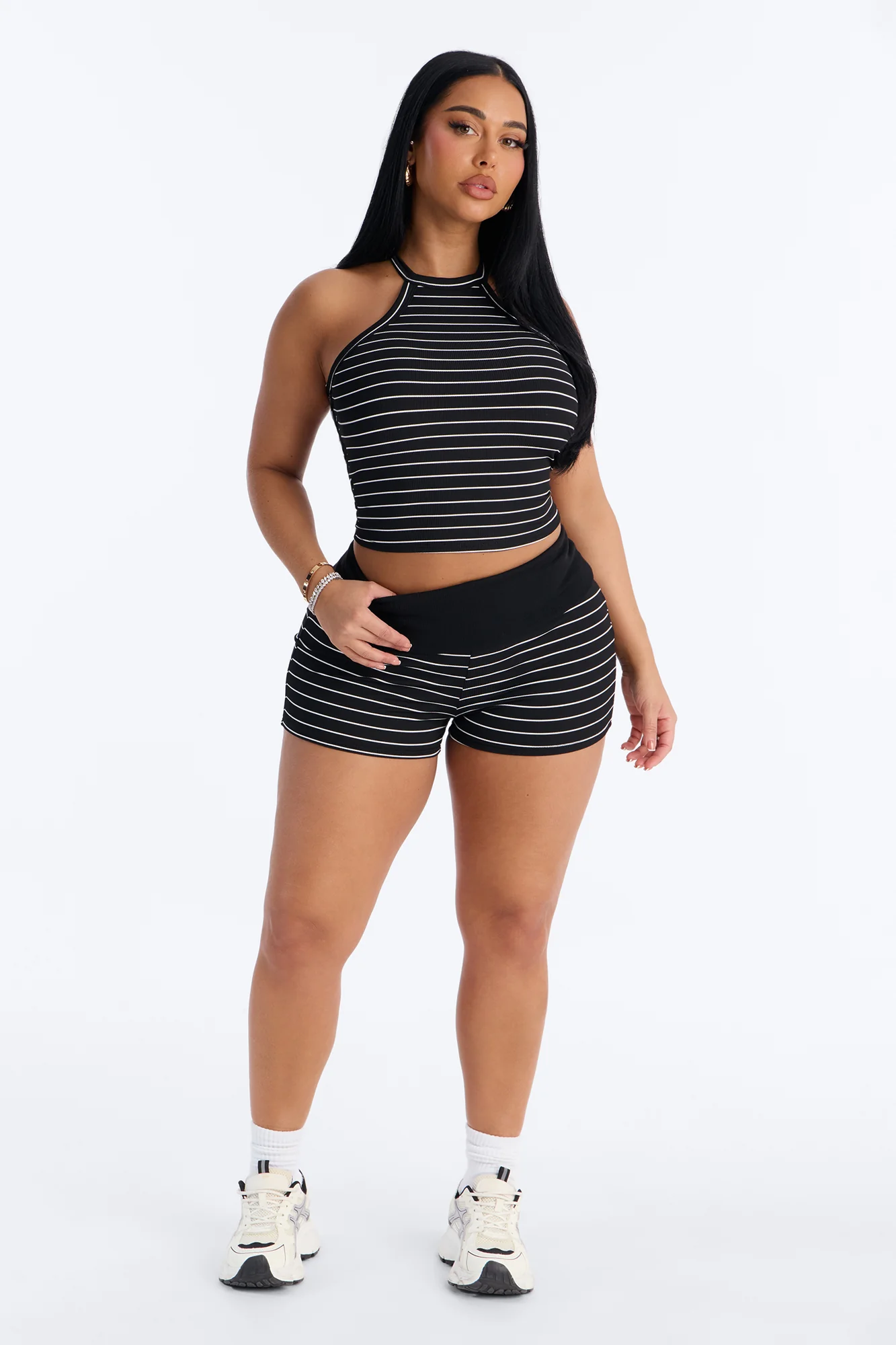 Kira Ribbed Stipe Short Set - Black - Image 2