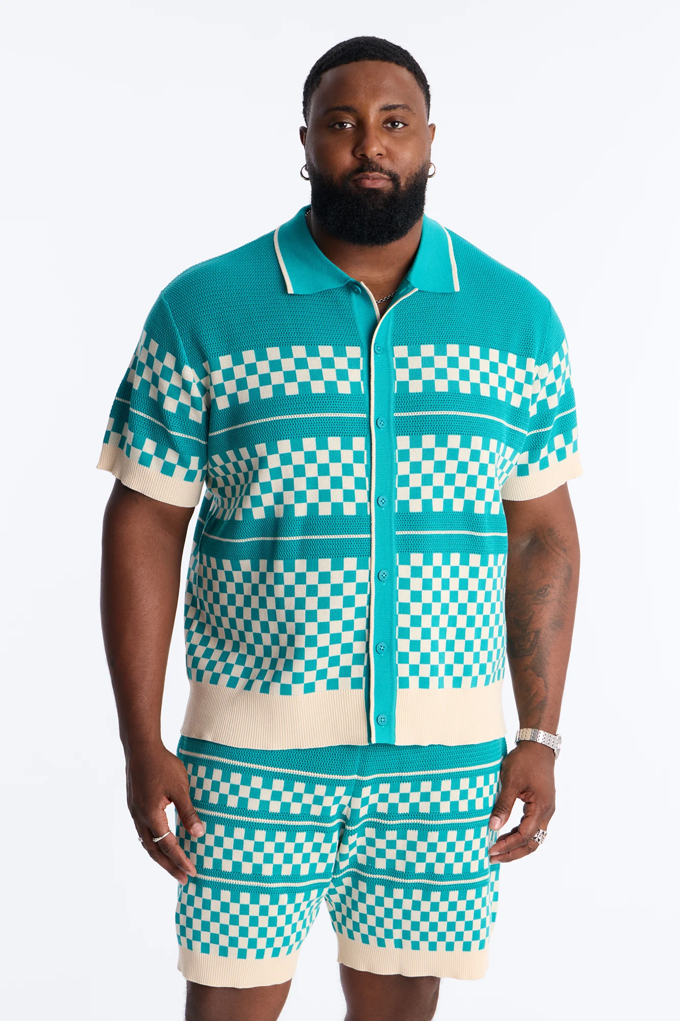 Knitted Pawn Checker Button Up Shirt - Teal/combo