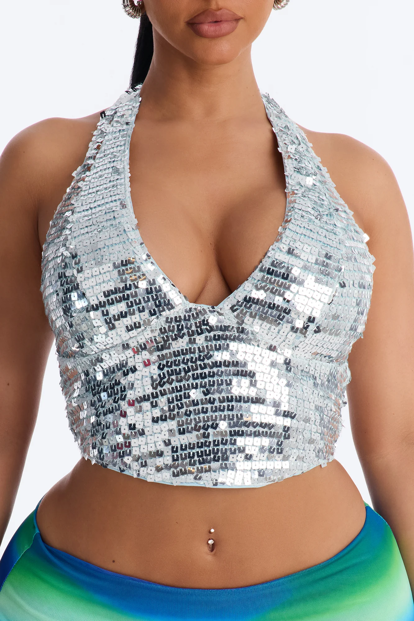 Kona Island Sequin Lace Up Halter Top - Blue - Image 3