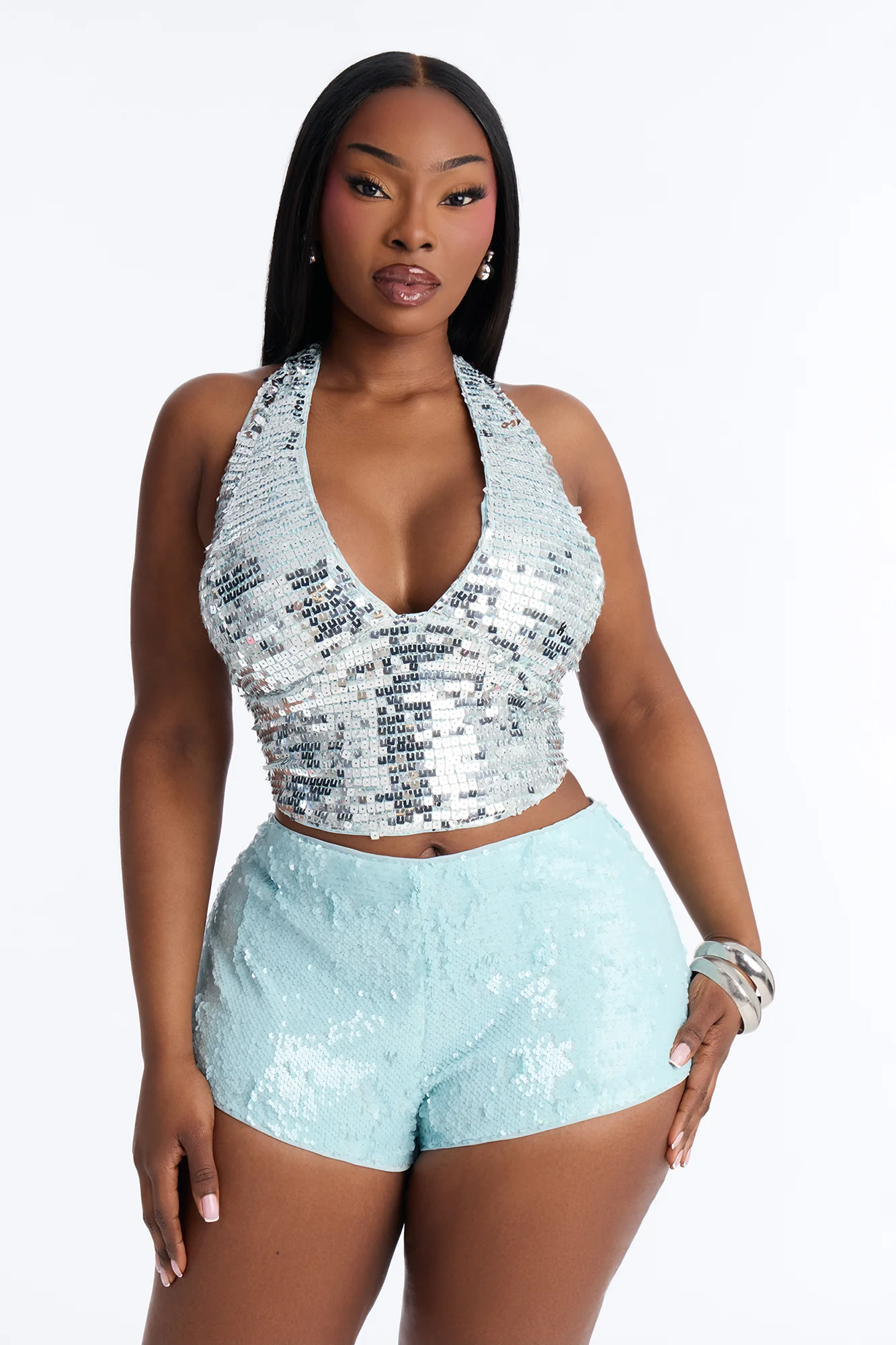 Kona Island Sequin Lace Up Halter Top - Blue - Image 5