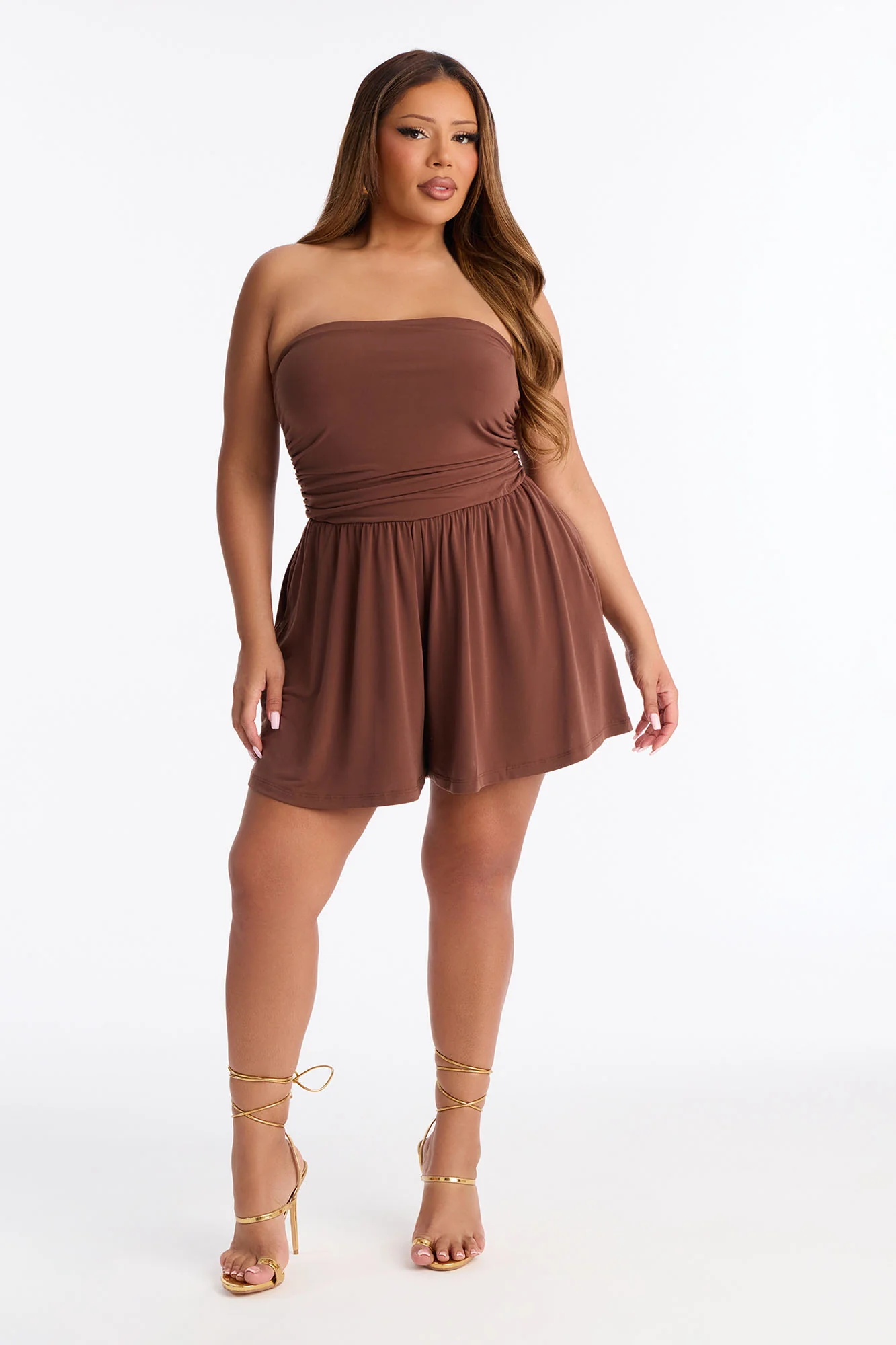 Krisha Strapless Flowy Romper - Brown - Image 5