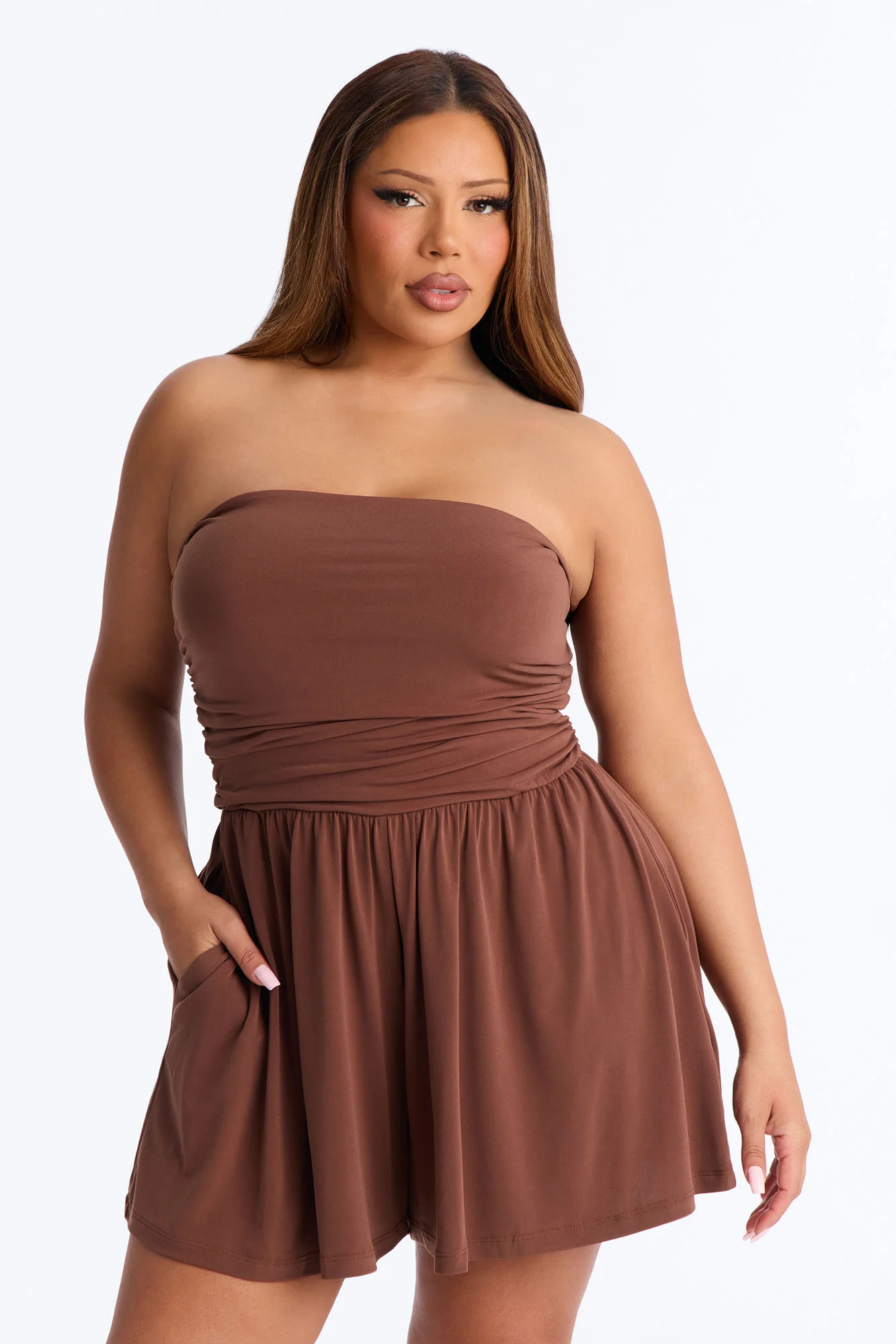 Krisha Strapless Flowy Romper - Brown - Image 6