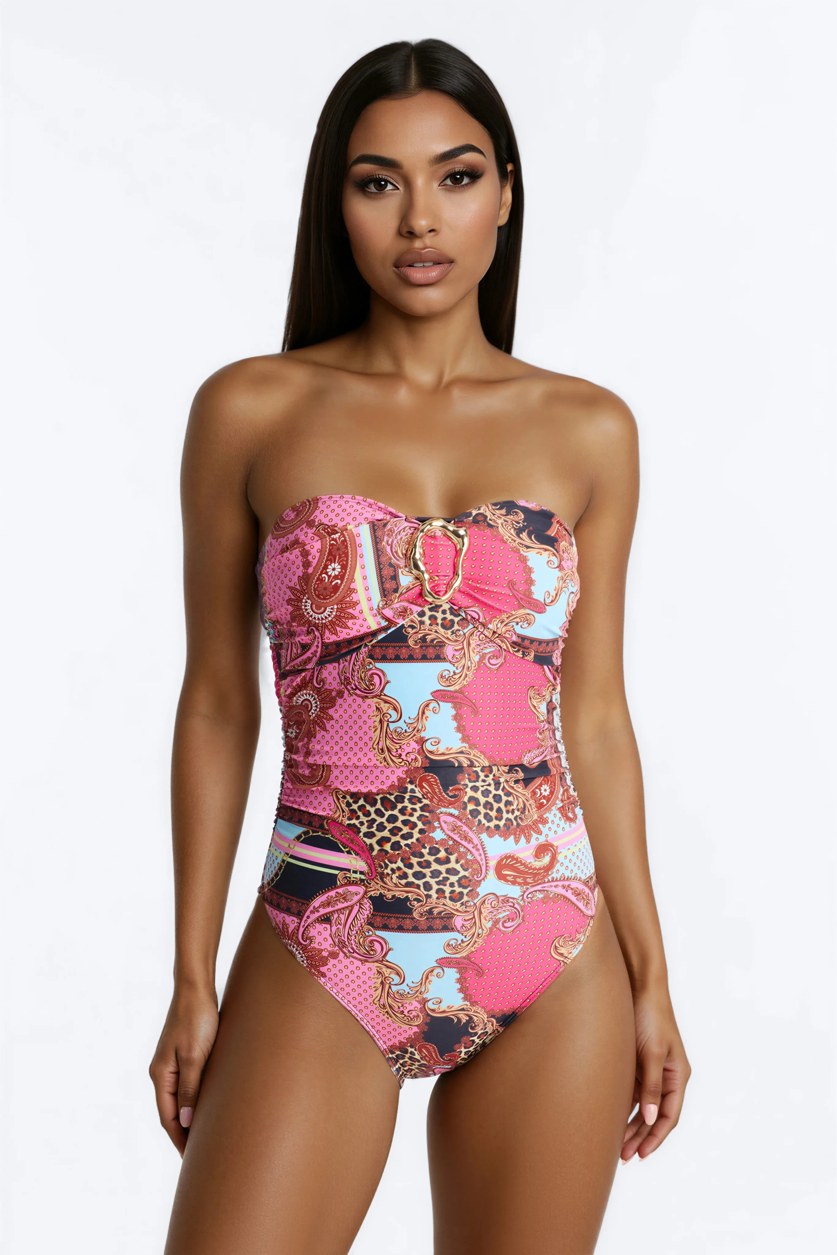Krista Abstract 1 Piece Strapless Swimsuit & Cover Up Maxi Skirt Set - Pink/combo