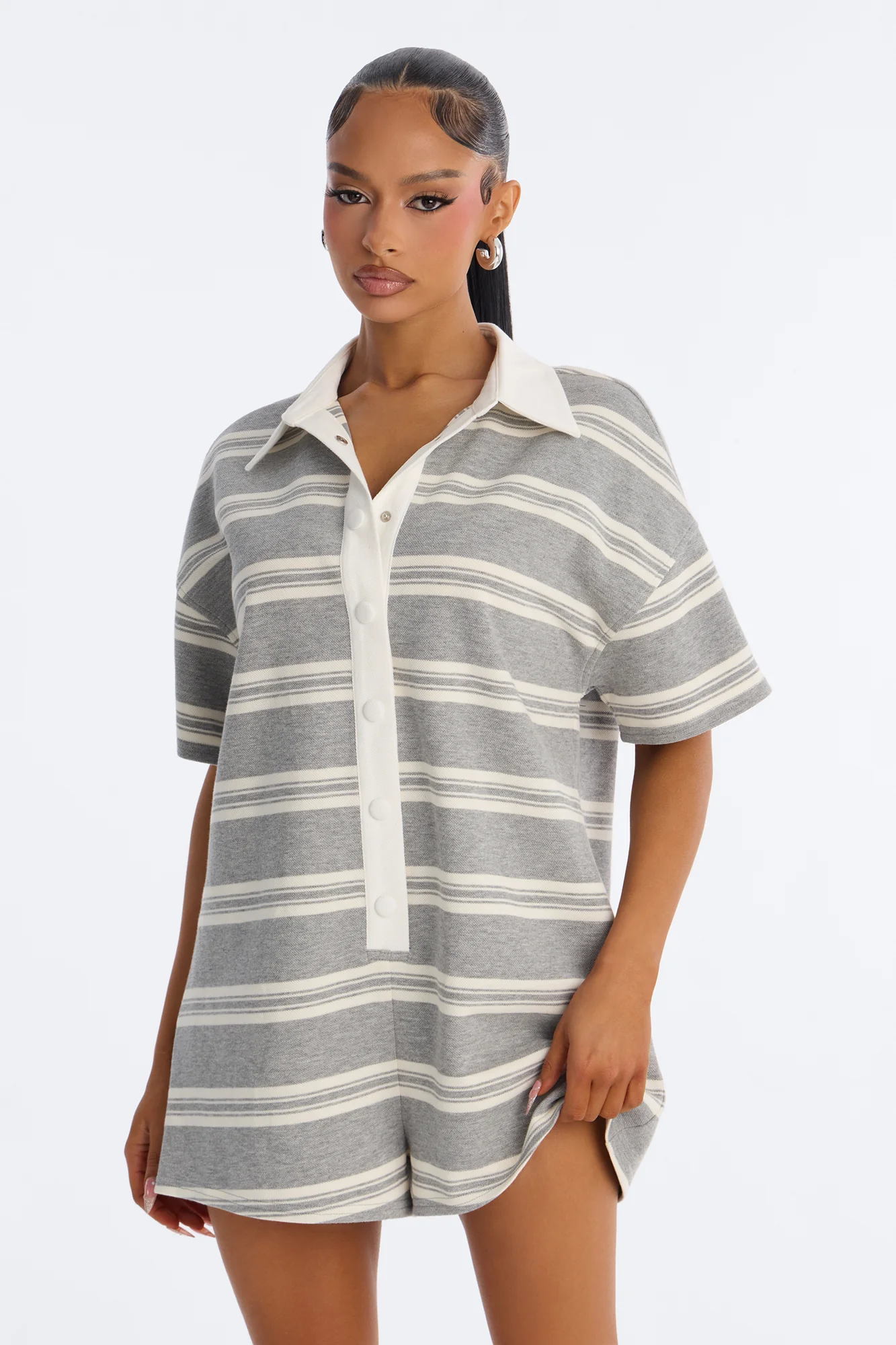 Kyla Striped Short Sleeve Polo Romper - Grey - Image 2