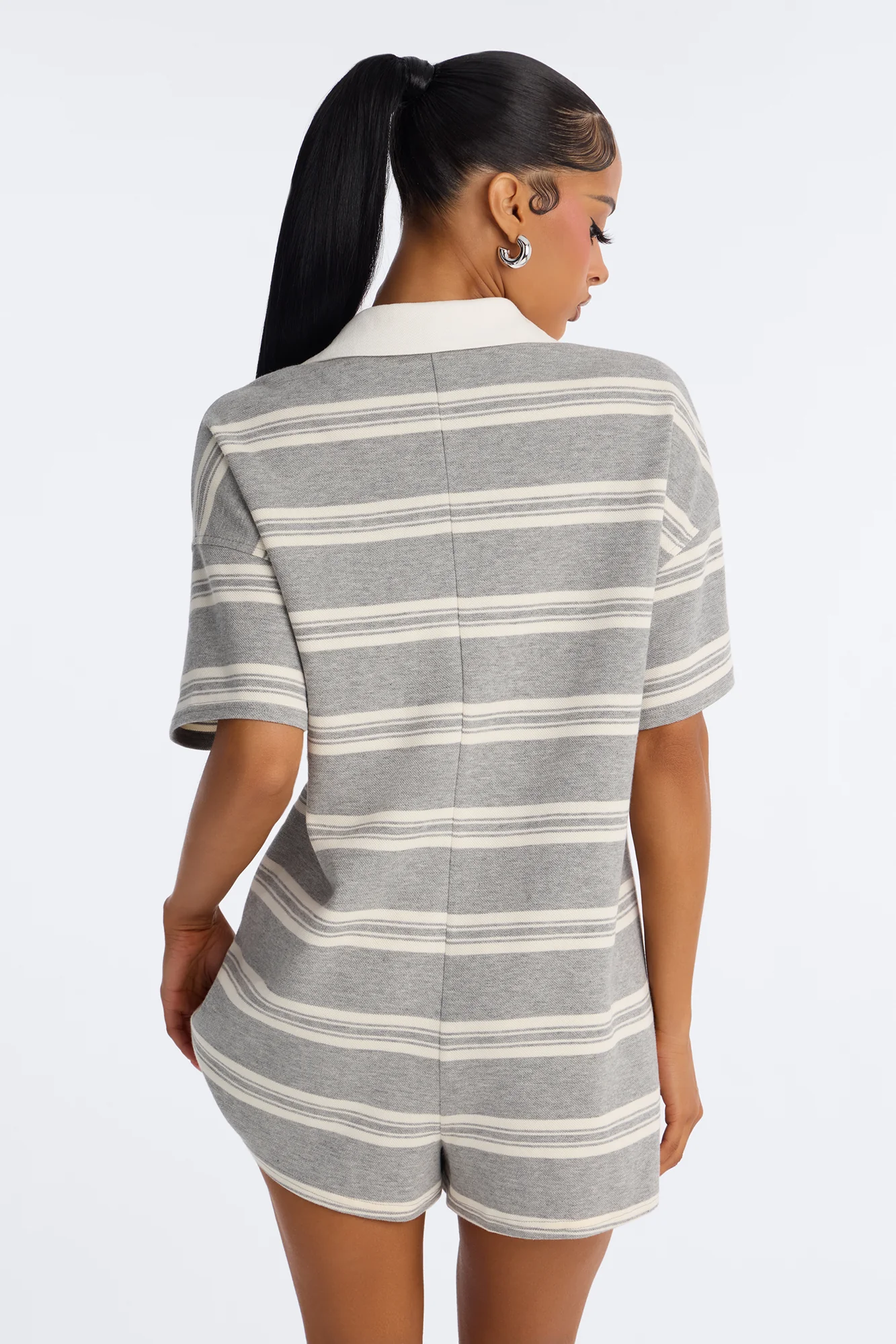 Kyla Striped Short Sleeve Polo Romper - Grey - Image 4