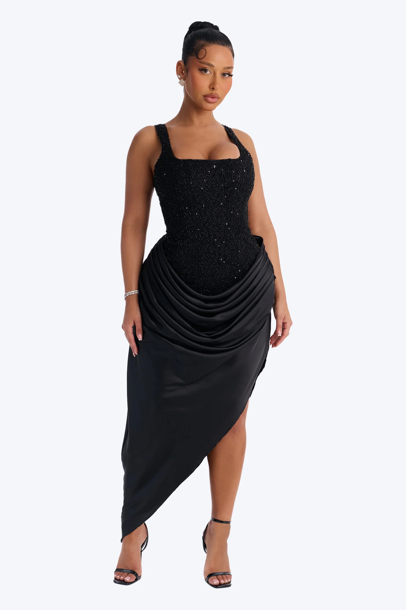 Kylee Embellished Draped Maxi Dress - Black