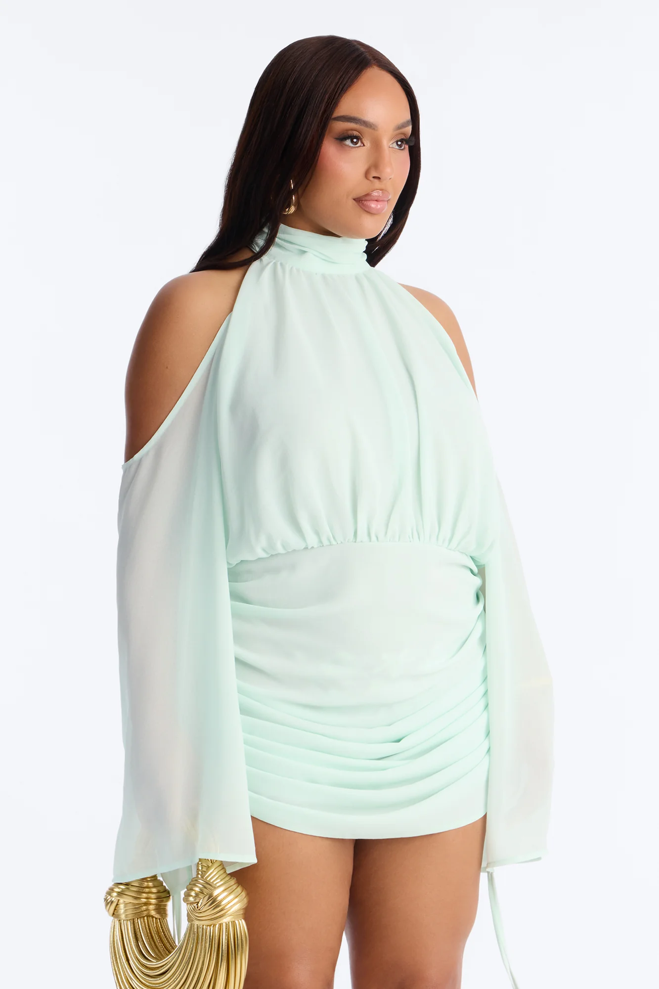 Kyra Cold Shoulder Chiffon Mini Dress - Mint - Image 6