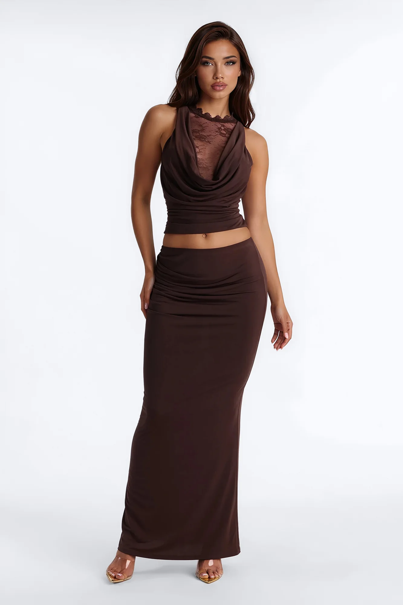 Kyra Cowl Neck Lace Maxi Skirt Set - Chocolate