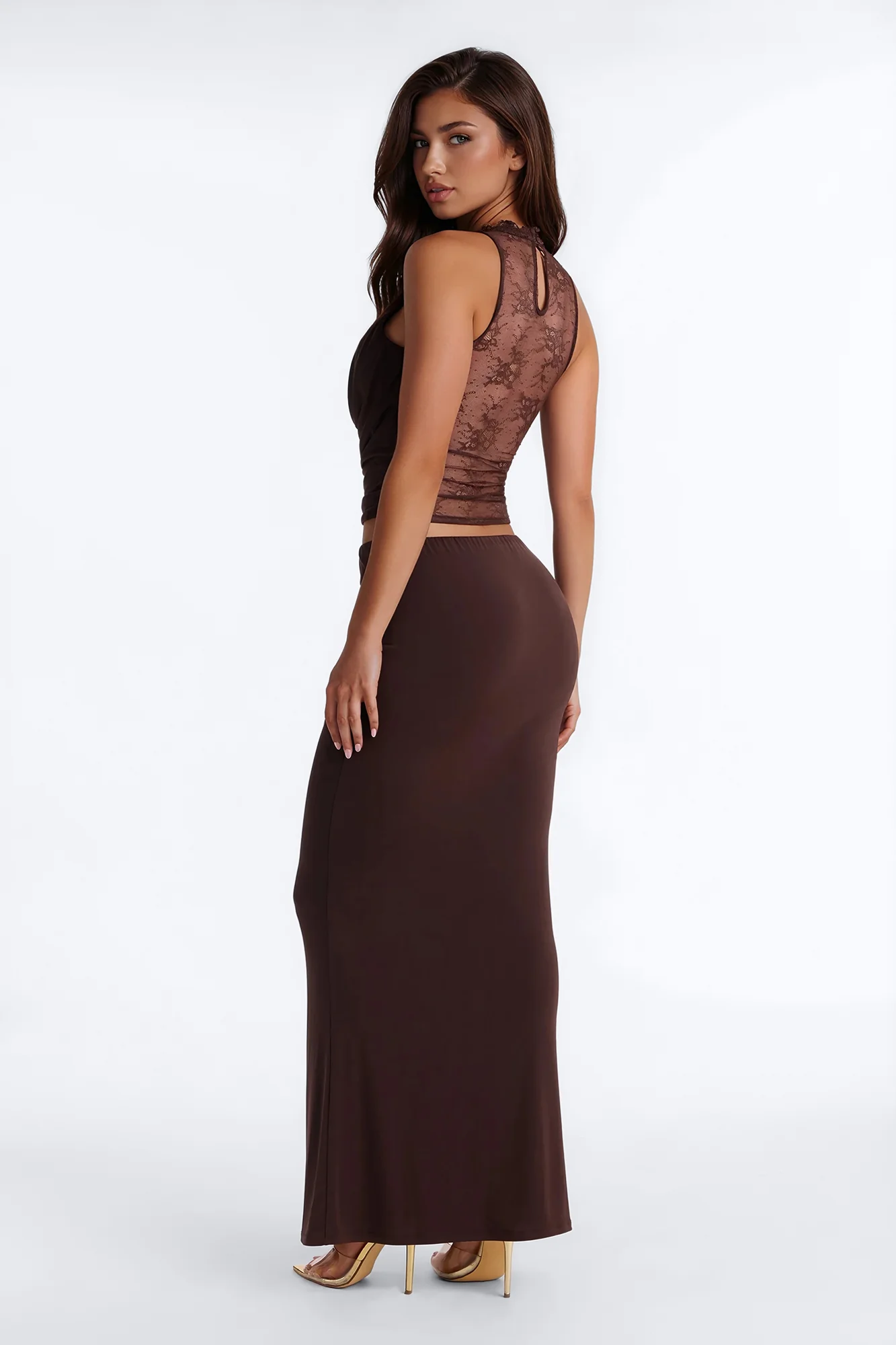 Kyra Cowl Neck Lace Maxi Skirt Set - Chocolate - Image 5