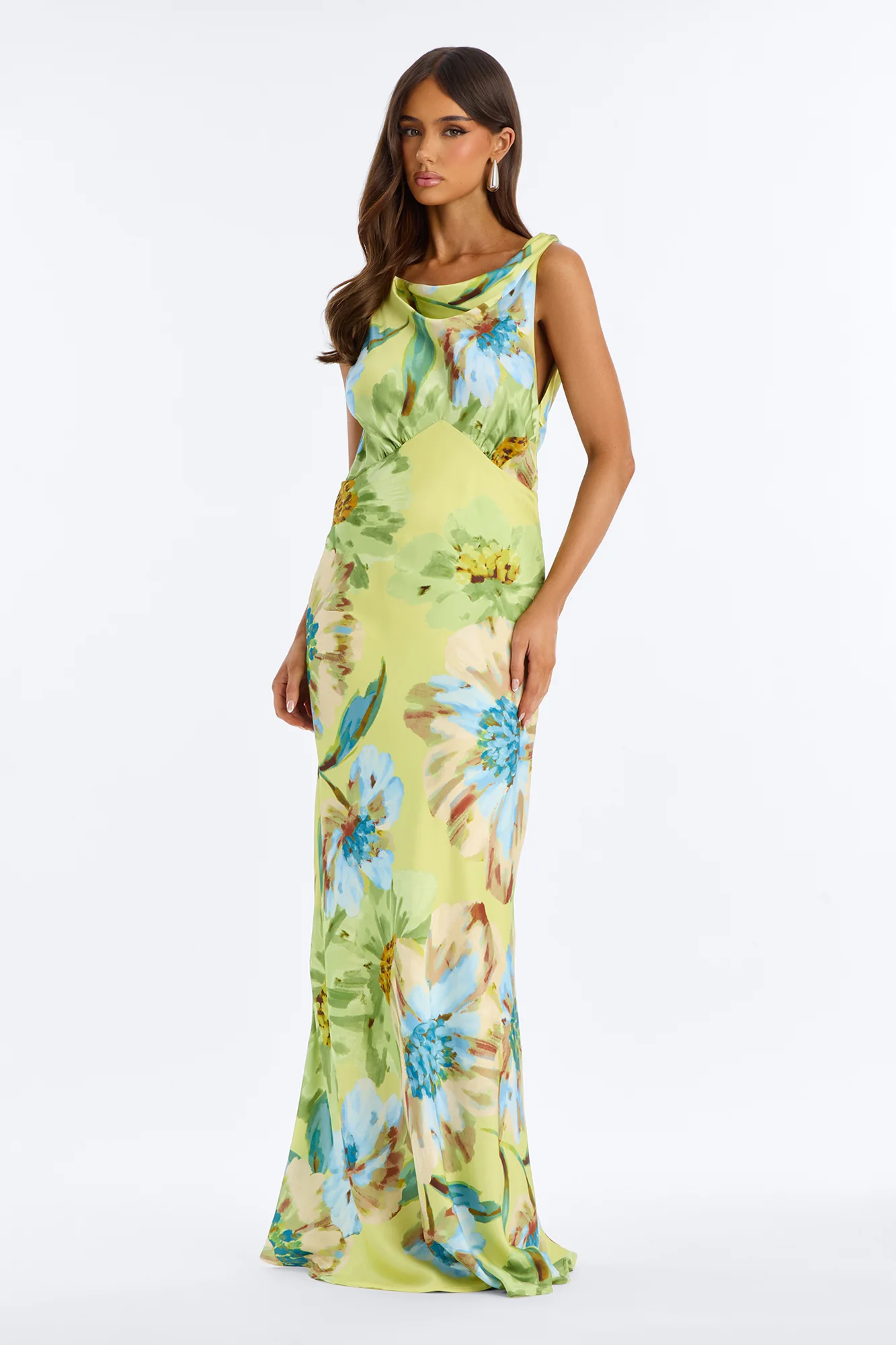 Kyra Cowl Neck Satin Maxi Dress - Green/combo