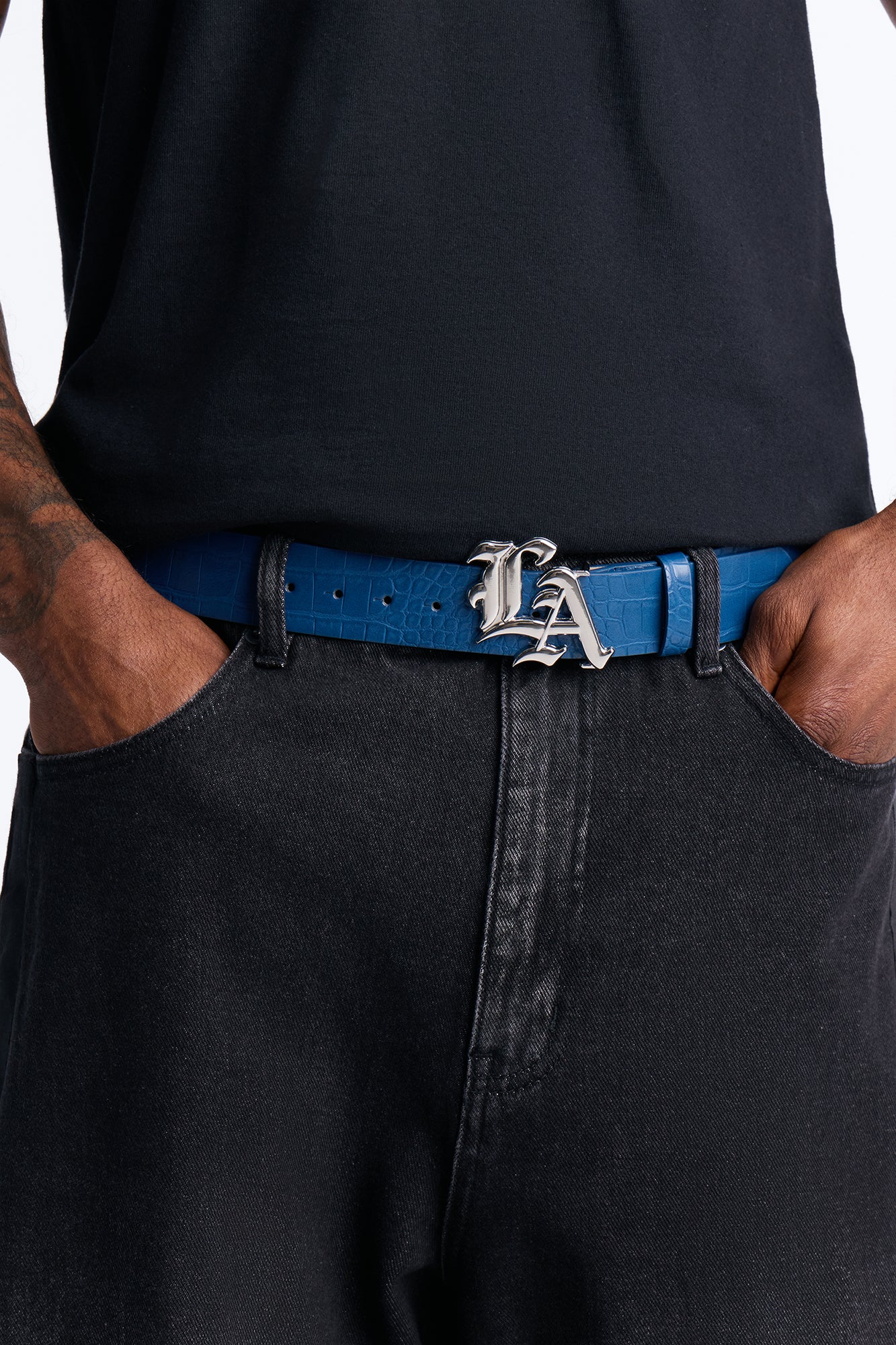 LA Embossed Faux Leather Belt - Navy/combo