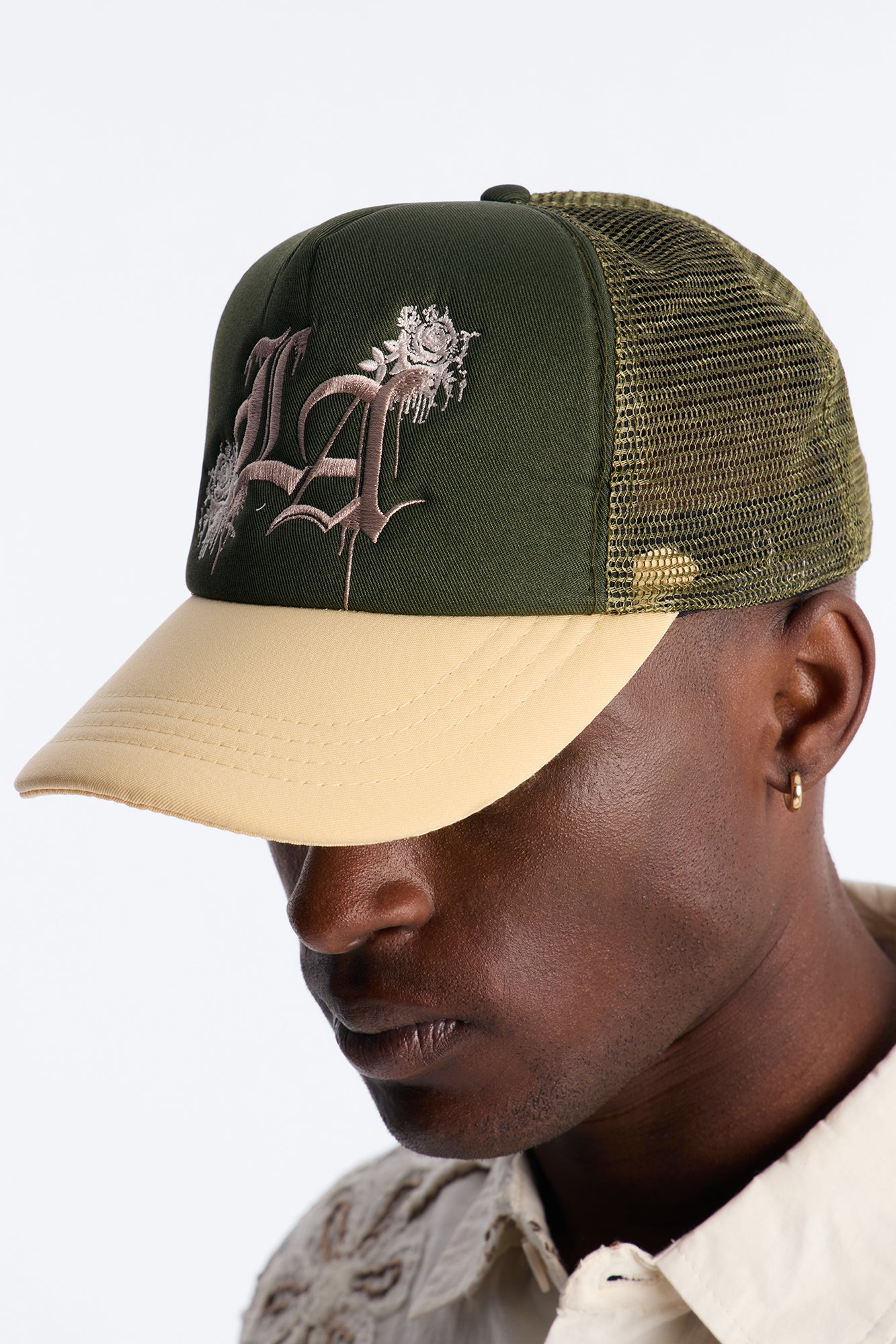 LA Flower Embroidery Trucker Snapback Hat - Green
