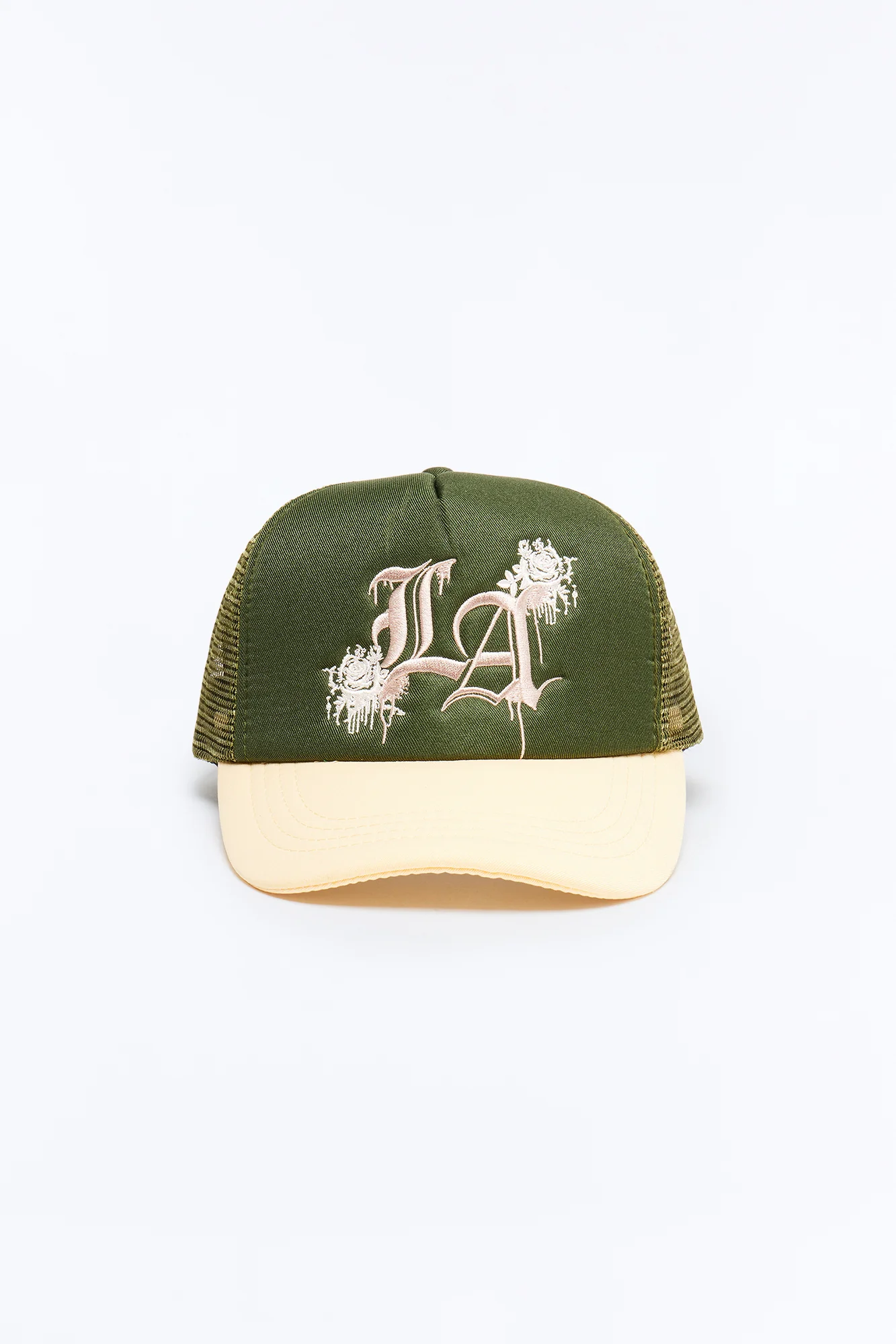 LA Flower Embroidery Trucker Snapback Hat - Green - Image 3