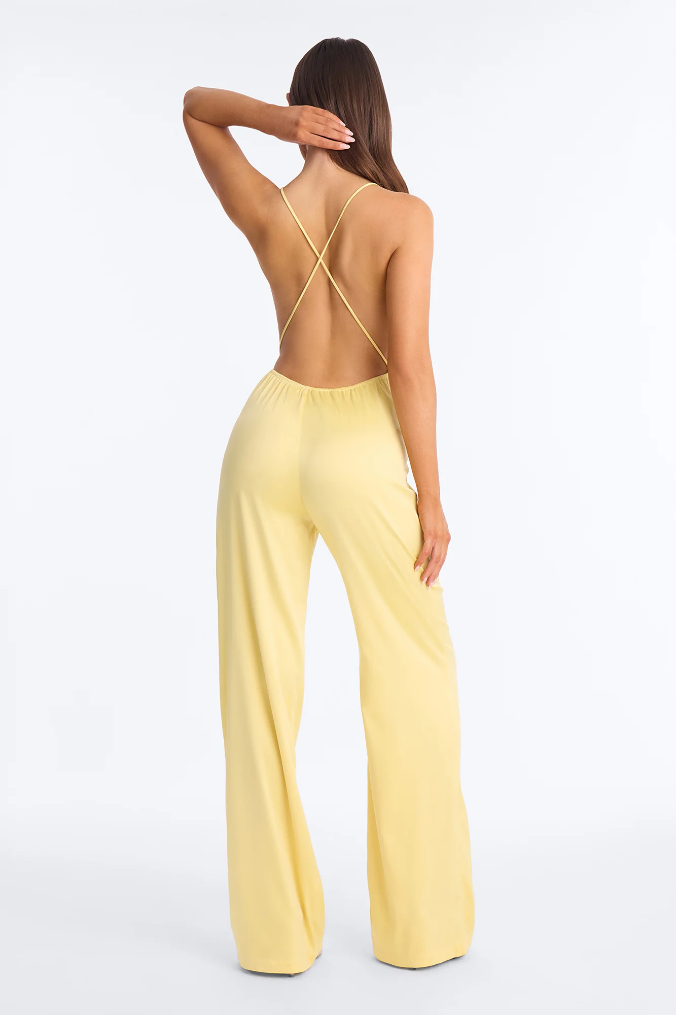 Lace Charm Backless Satin Jumpsuit - Butter Yellow - Image 4
