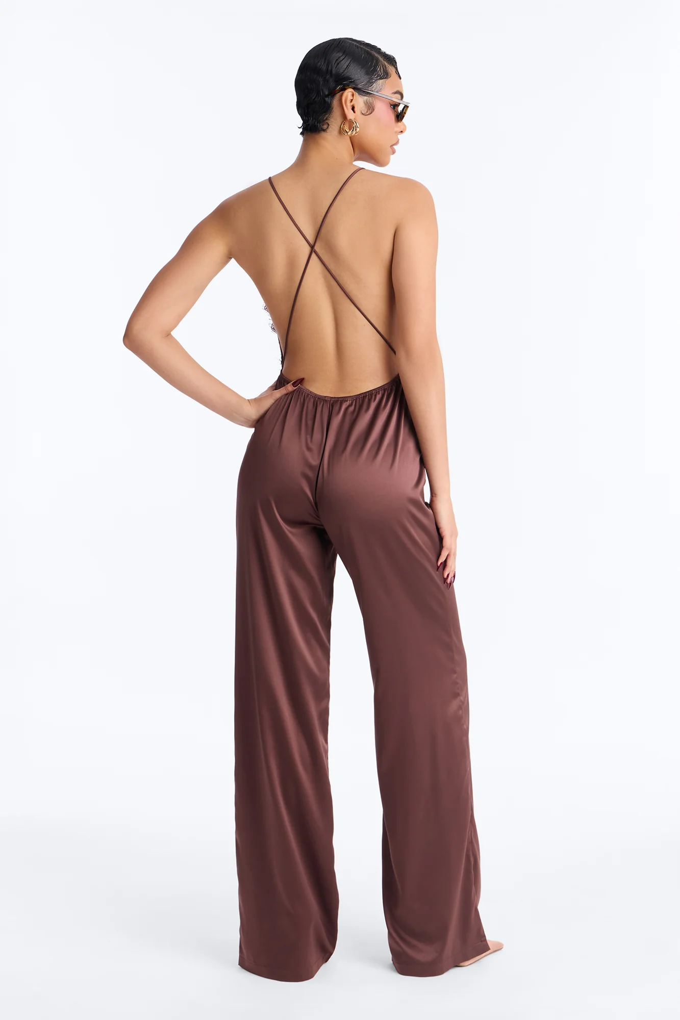 Lace Charm Backless Satin Jumpsuit - Chocolate - Image 4