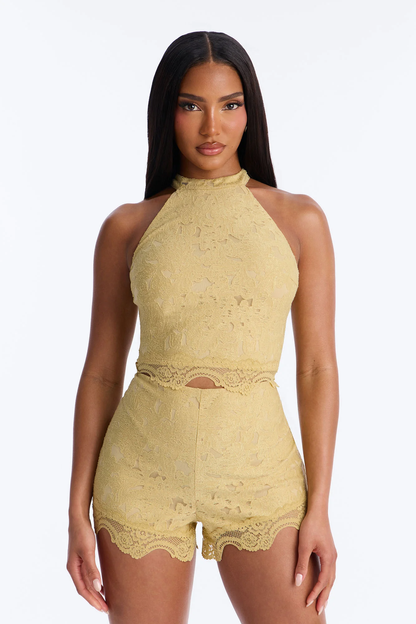 Lace Embrace Halter Top And Short Set - Yellow