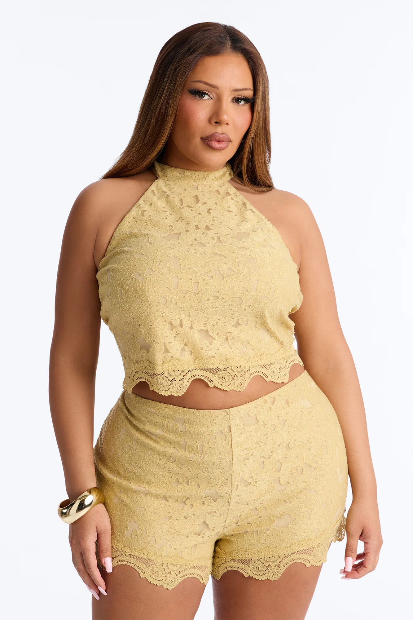 Lace Embrace Halter Top And Short Set - Yellow - Image 4