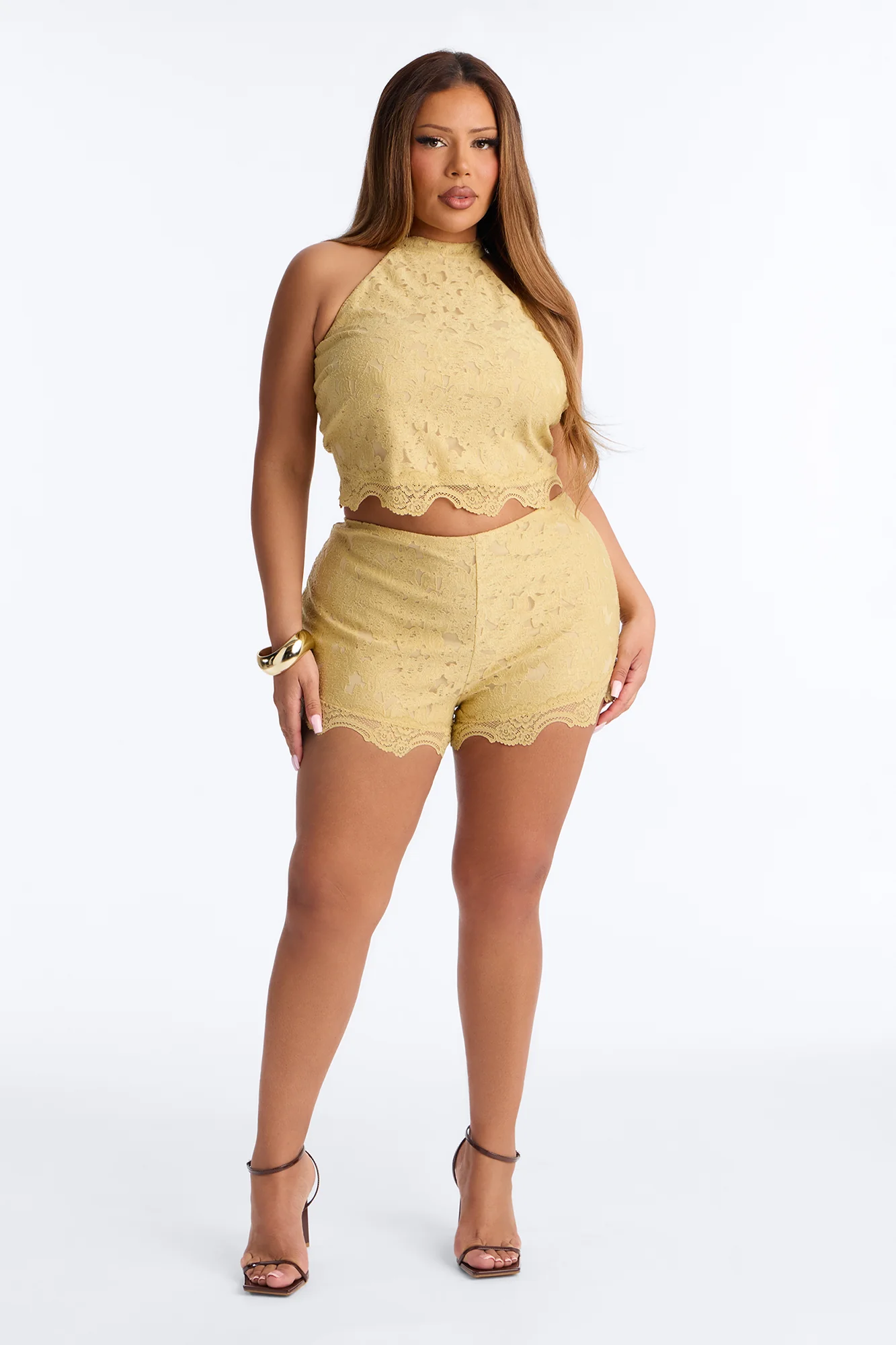Lace Embrace Halter Top And Short Set - Yellow - Image 5