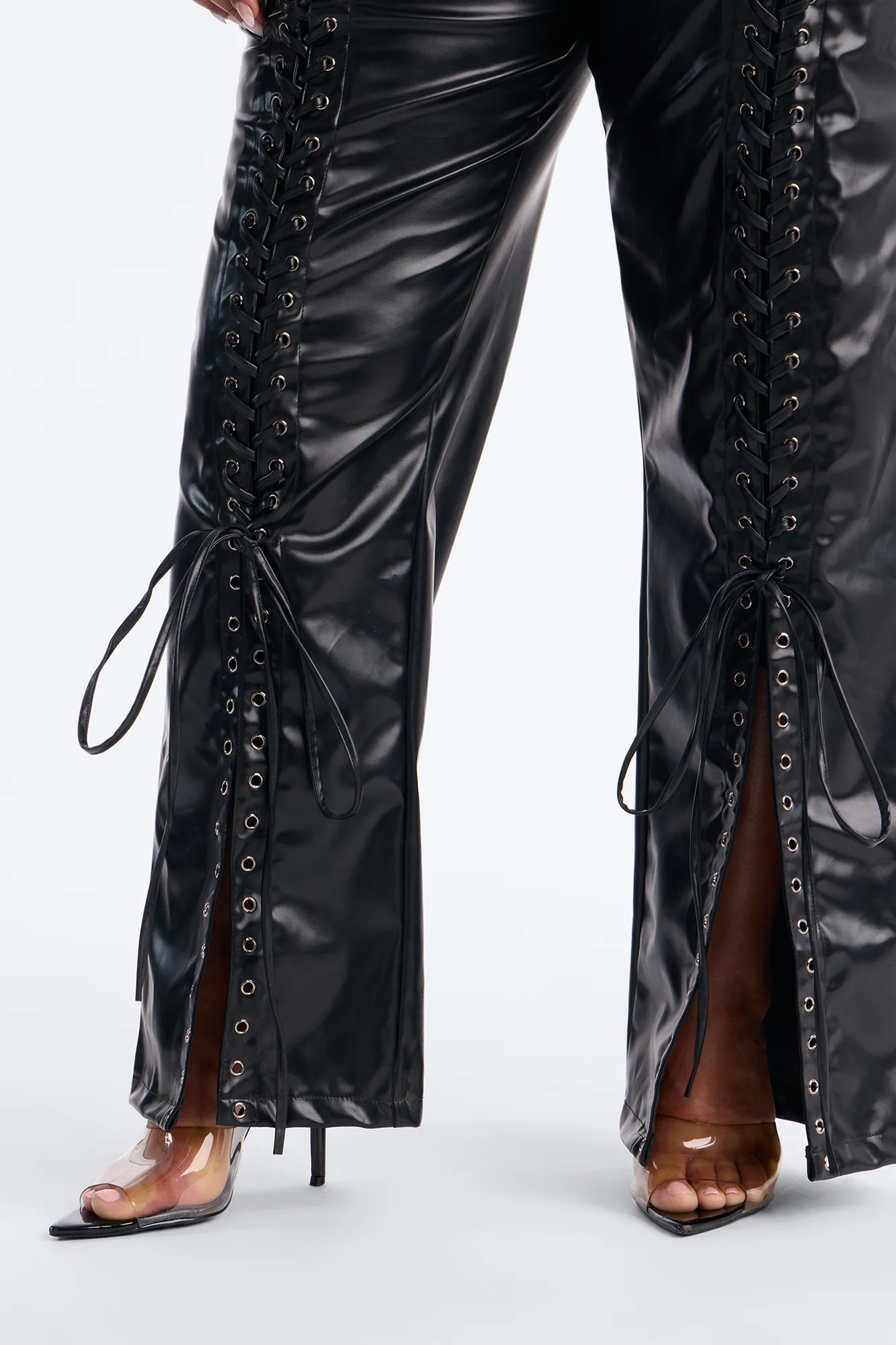 Lace Me Up Low Rise Faux Leather Flare Pant 33″ - Black - Image 7