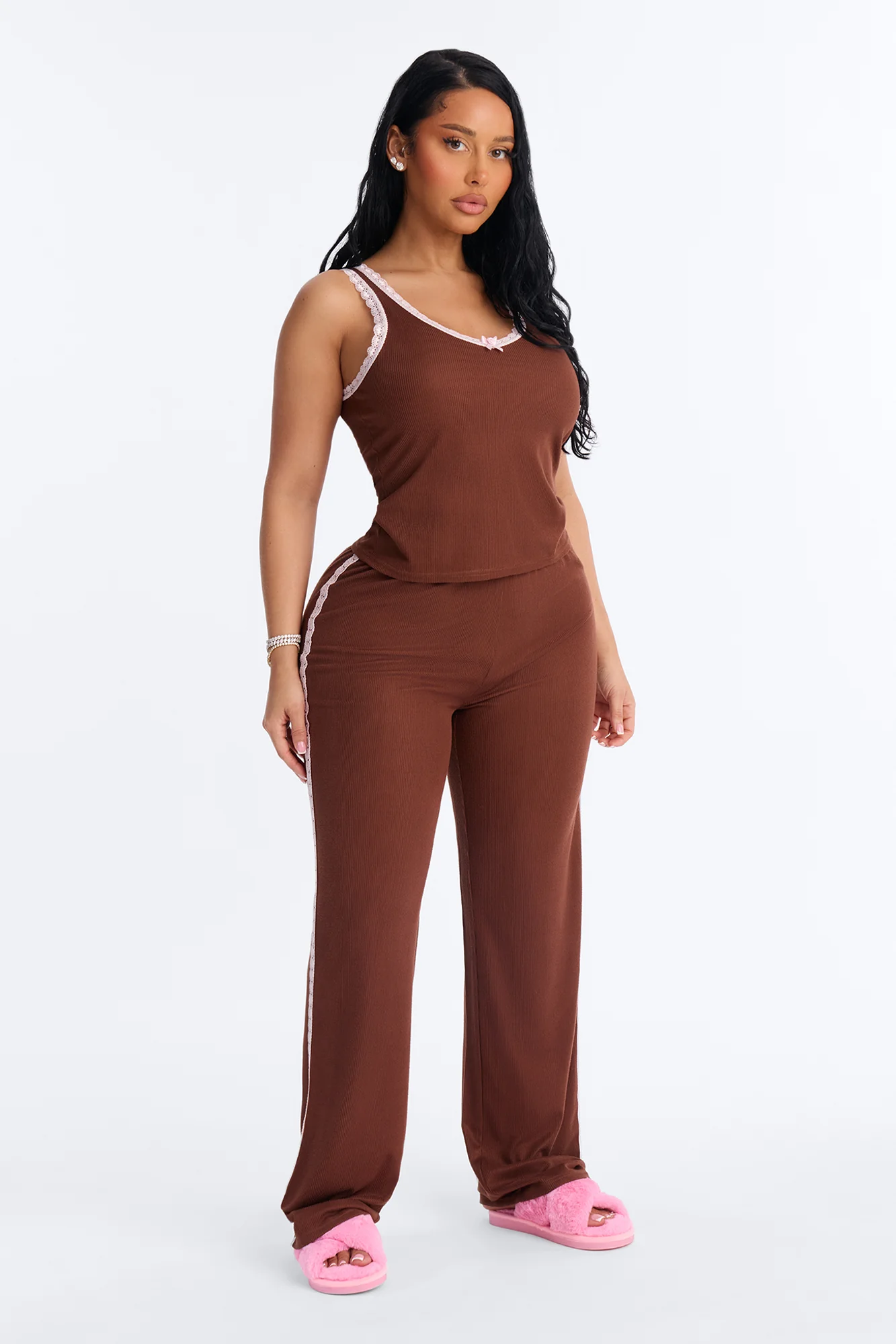 Lace Me Up PJ Pant Set - Brown/combo