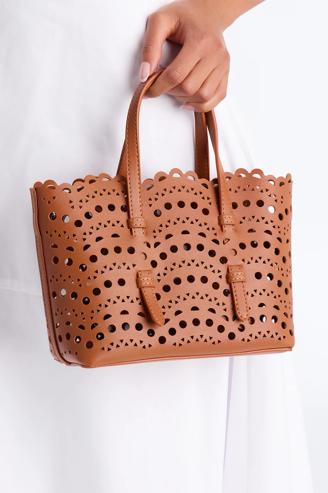 Lace On Faux Leather Crossbody Bag - Cognac