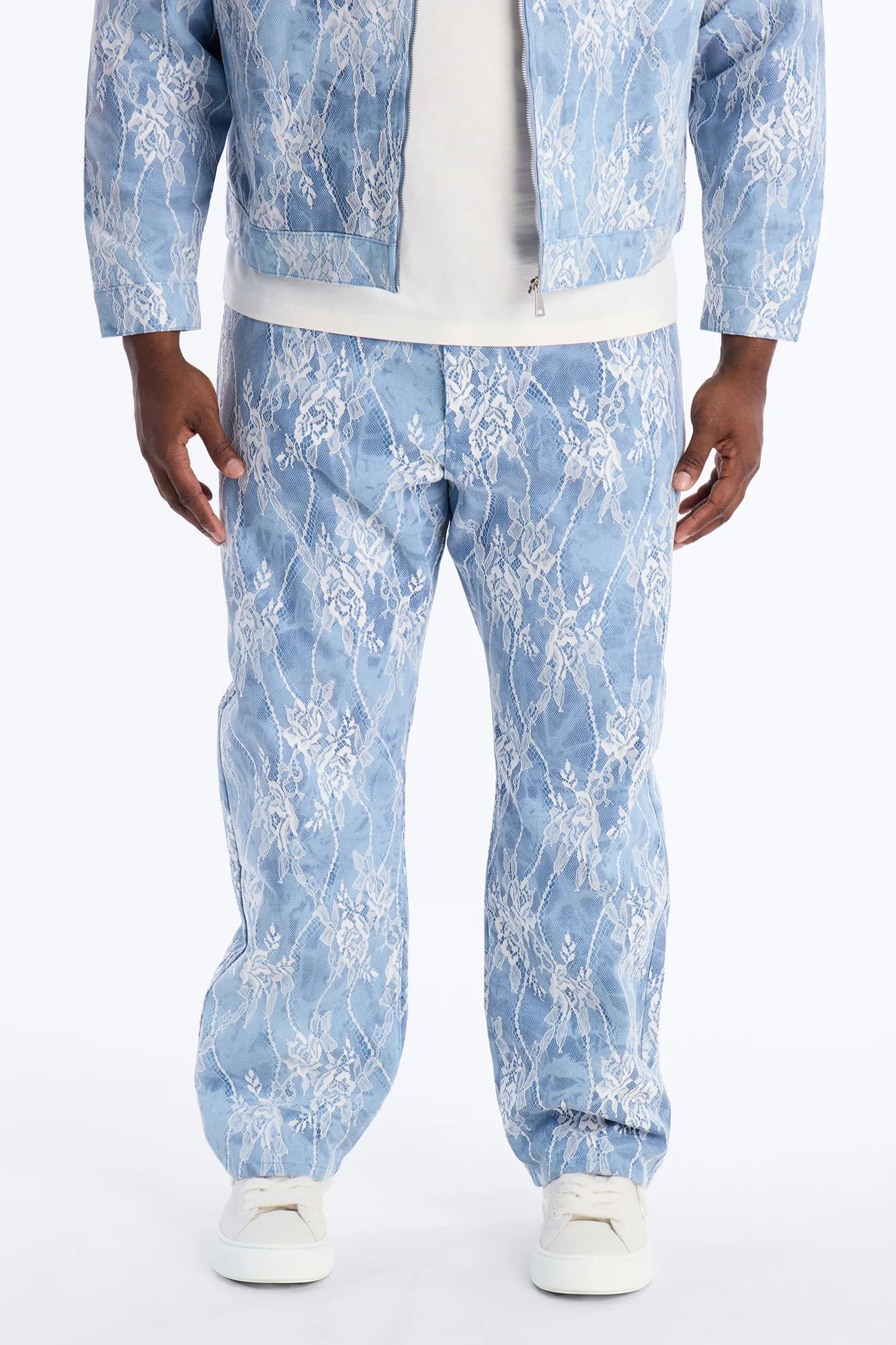 Lace Overlay Straight Jeans - Medium Blue Wash - Image 4