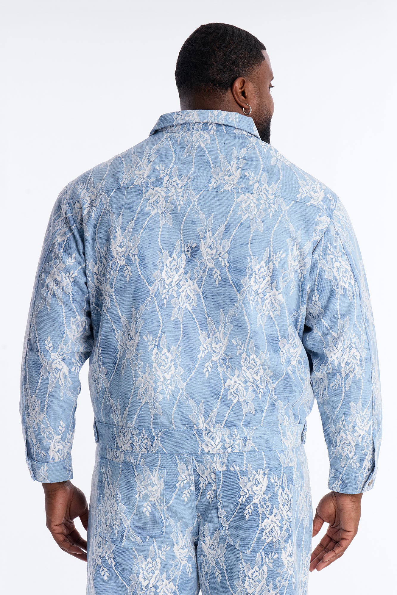 Lace Overlay Zip Denim Jacket - Medium Blue Wash - Image 7